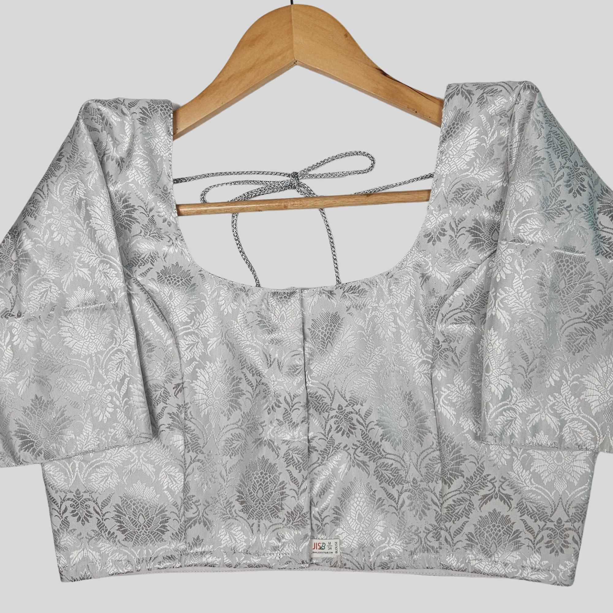 Banarasi Brocade Silver Zari Elbow Sleeve Blouse