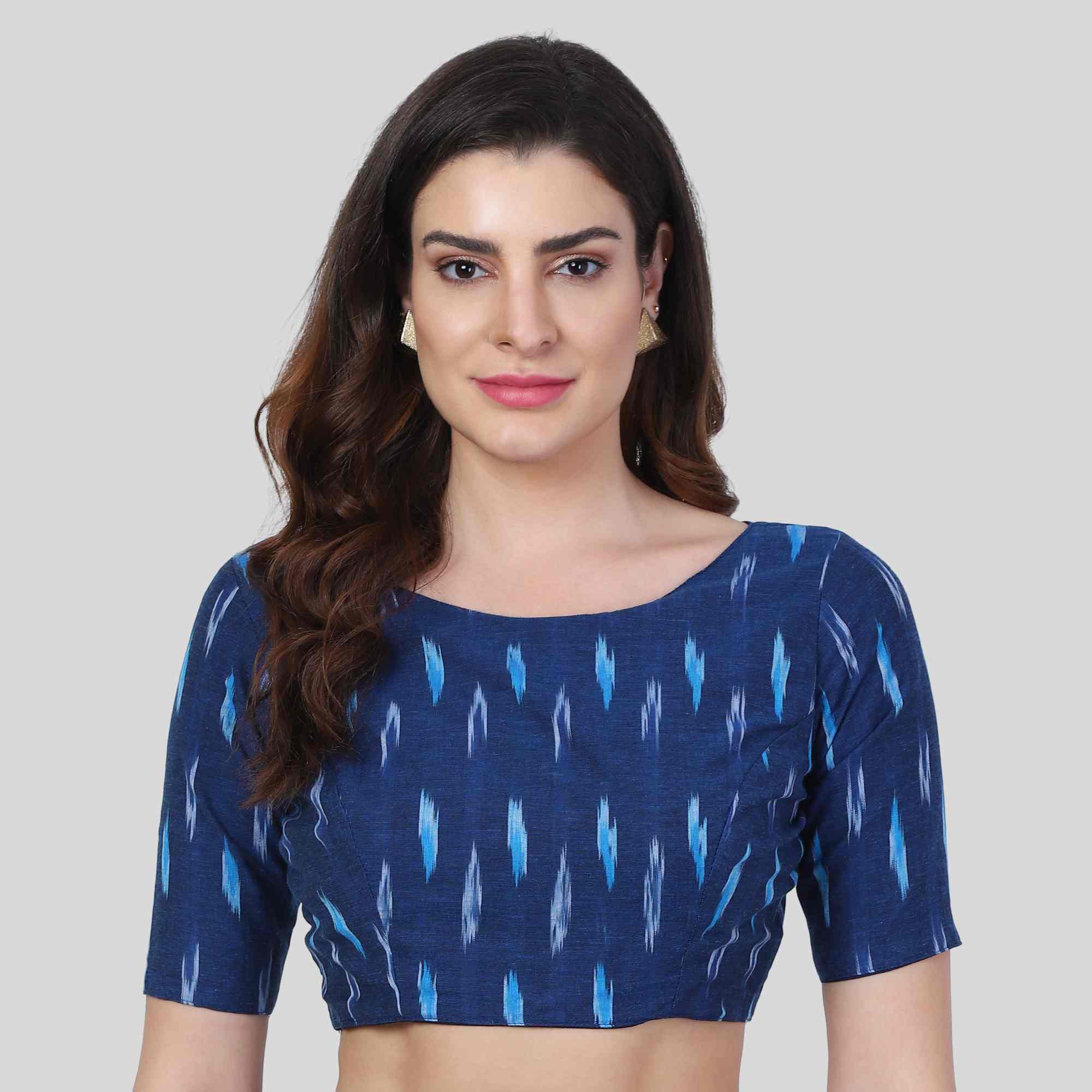 JISB Cotton Ikkat Boat Neck Elbow Sleeve Blouse