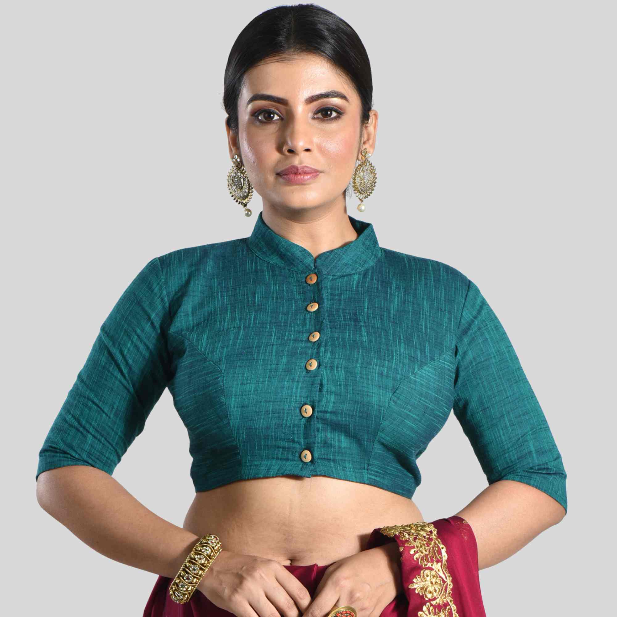 Boat Neck Green High Neck Blouse JISB Cotton Women's Mandarin