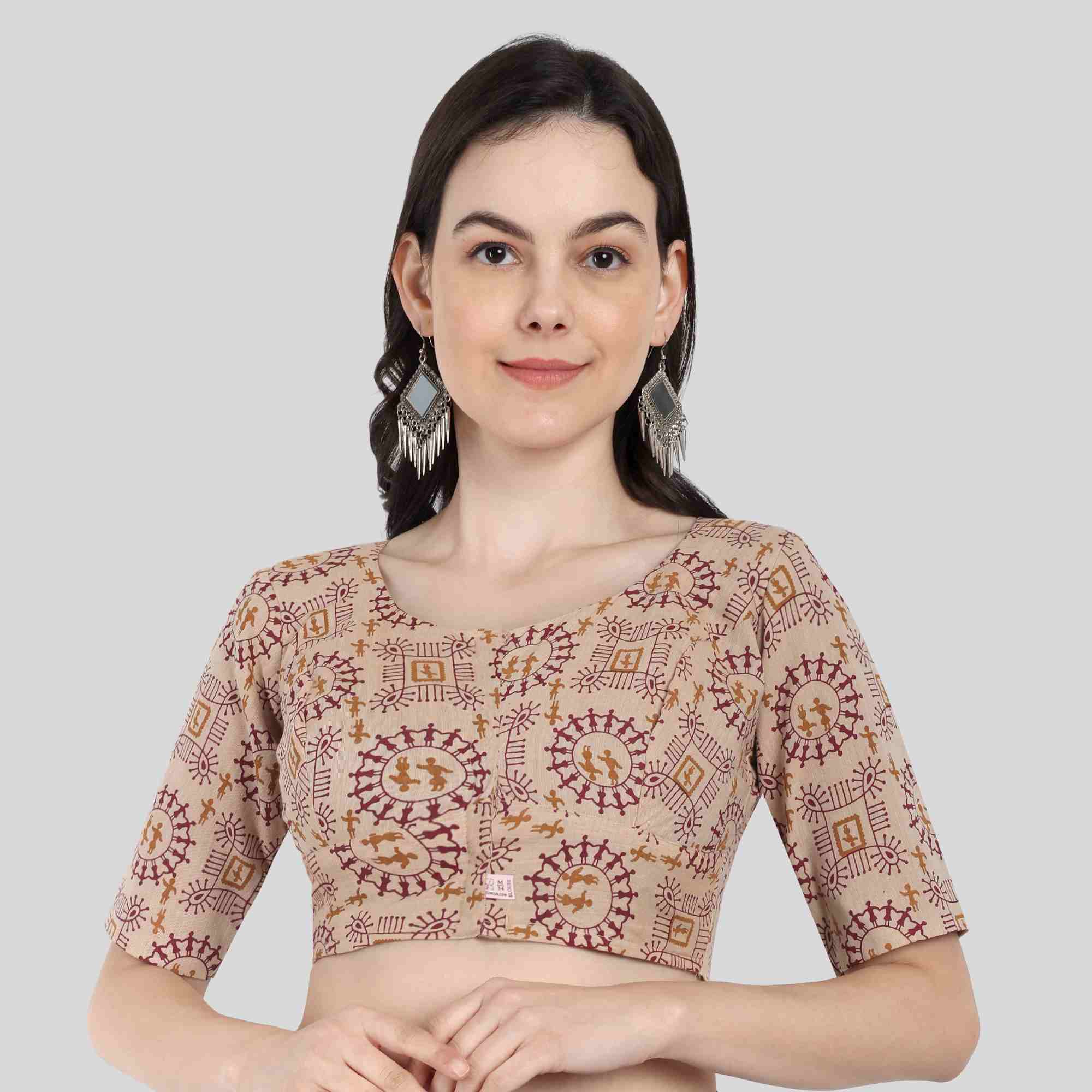 JISB Women's Cotton Printed High Neck Elbow Sleeve Blouse