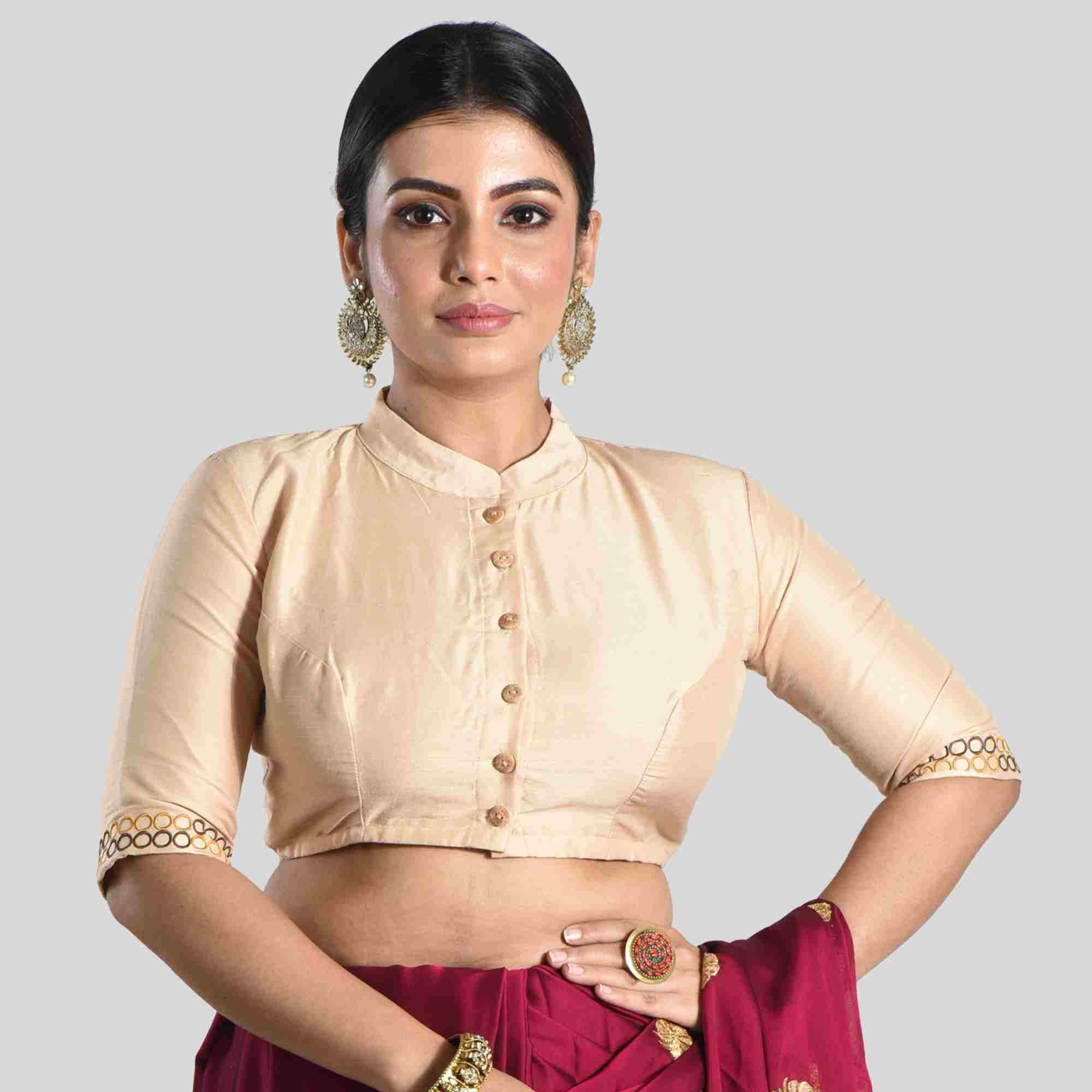 Mandarin Collar Embroidered Elbow Sleeve Blouse1