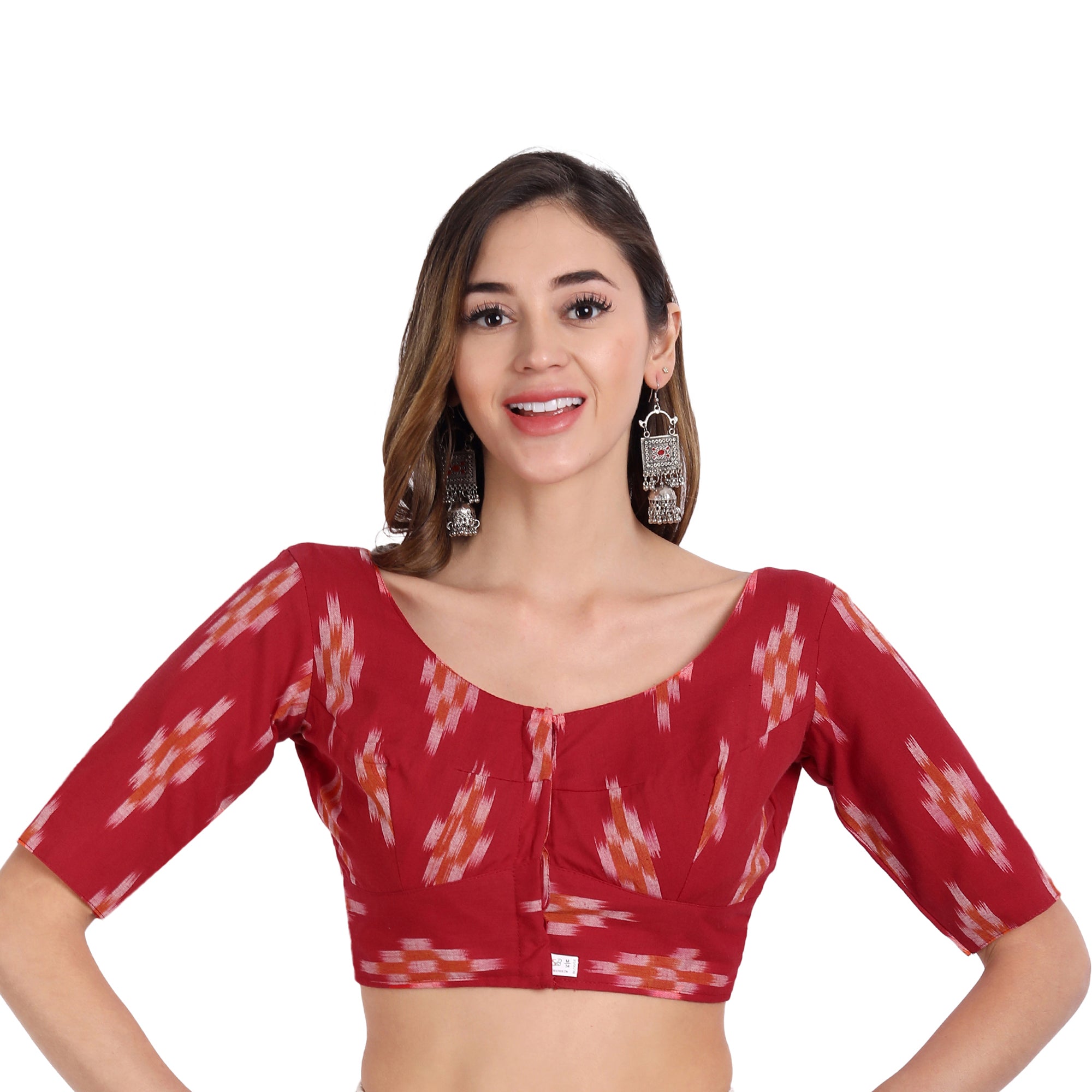 Ikkat Normal Cotton Elbow Length Sleeve Blouse, Red