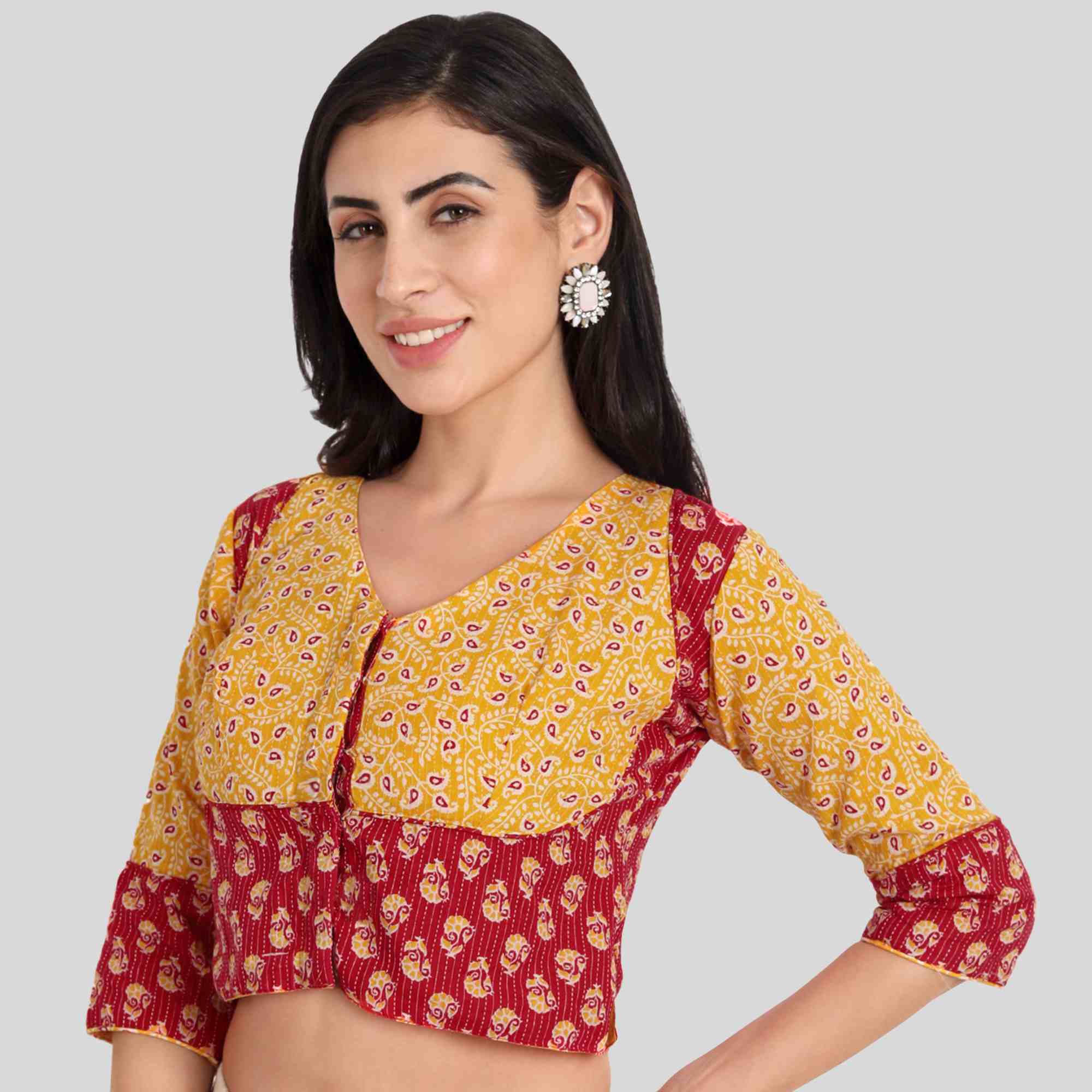 long blouse v neck crop top model in cotton printed fabric