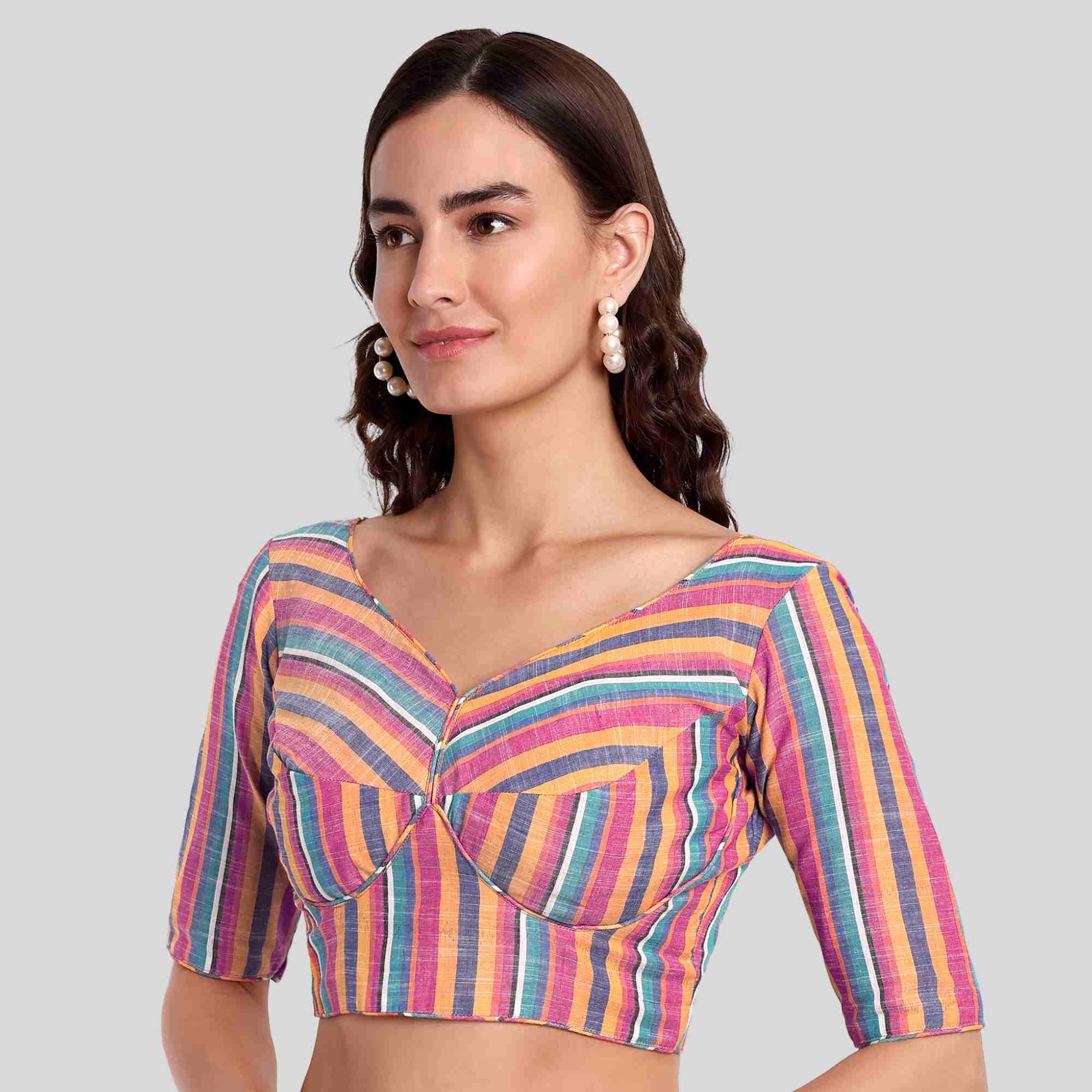 Back Open Cotton blouse in Sabyasachi Model with Elbow Sleeve