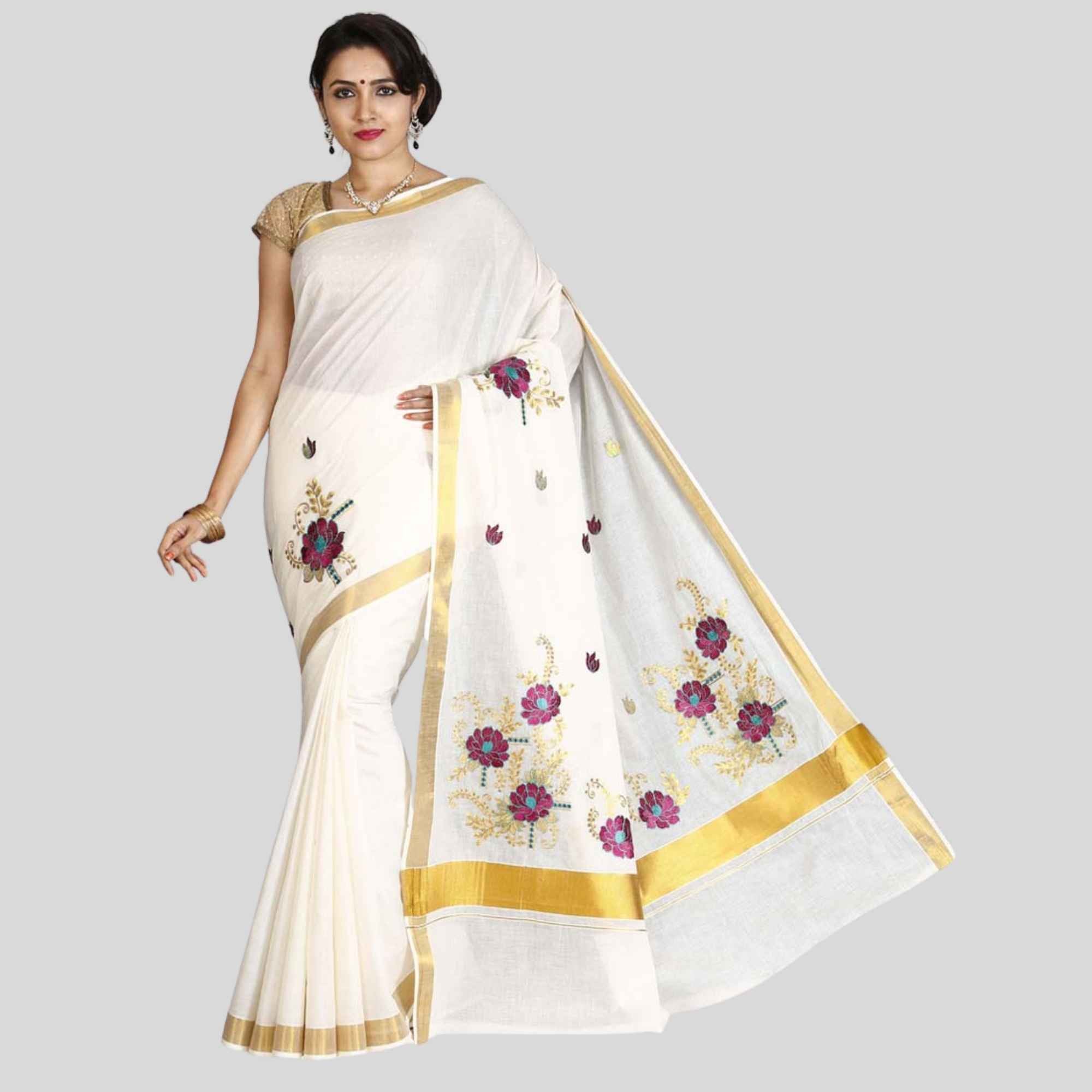 Kerala Flower Embroidery Saree