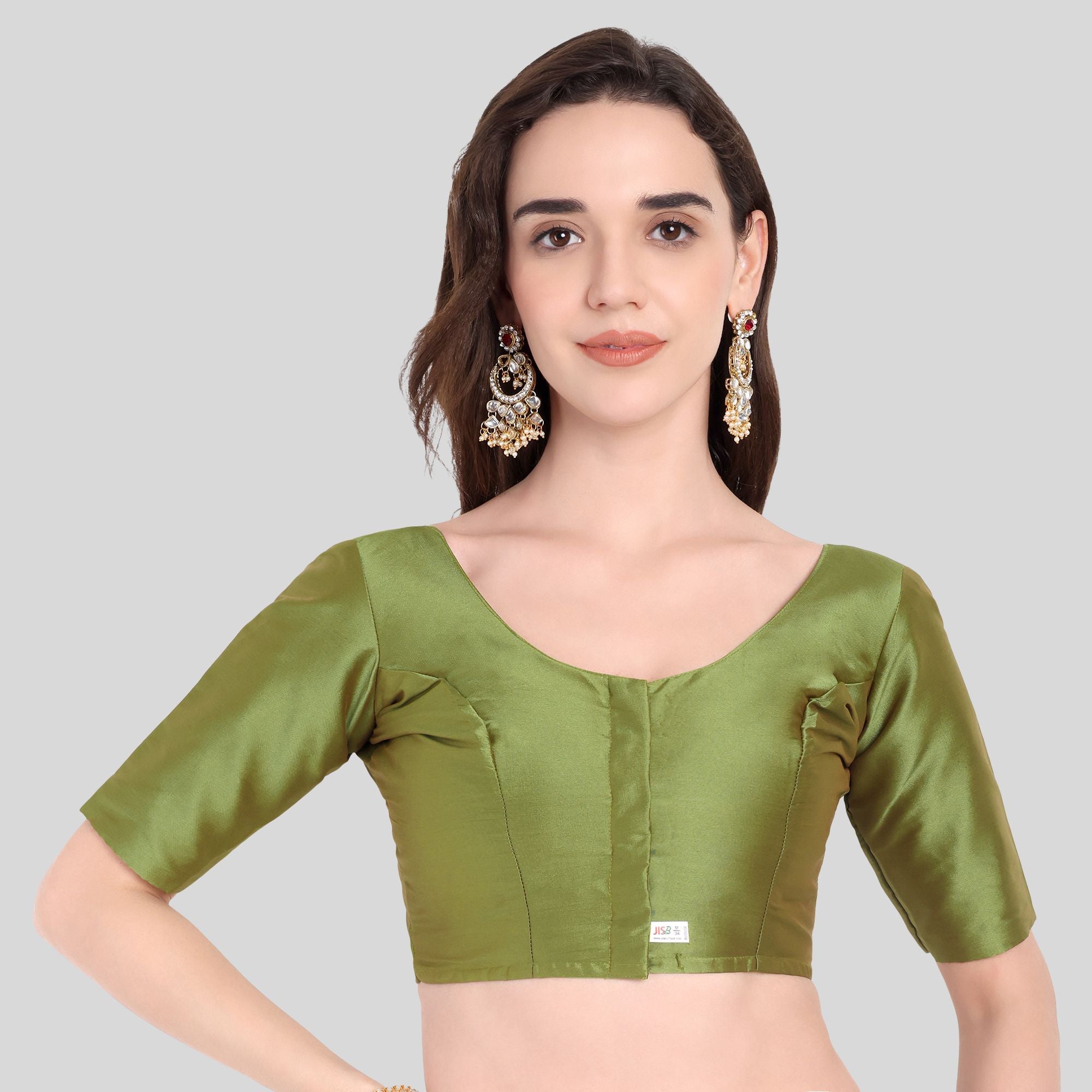 Soft Silk Lotus Pattern Back Design Elbow Sleeves Blouse