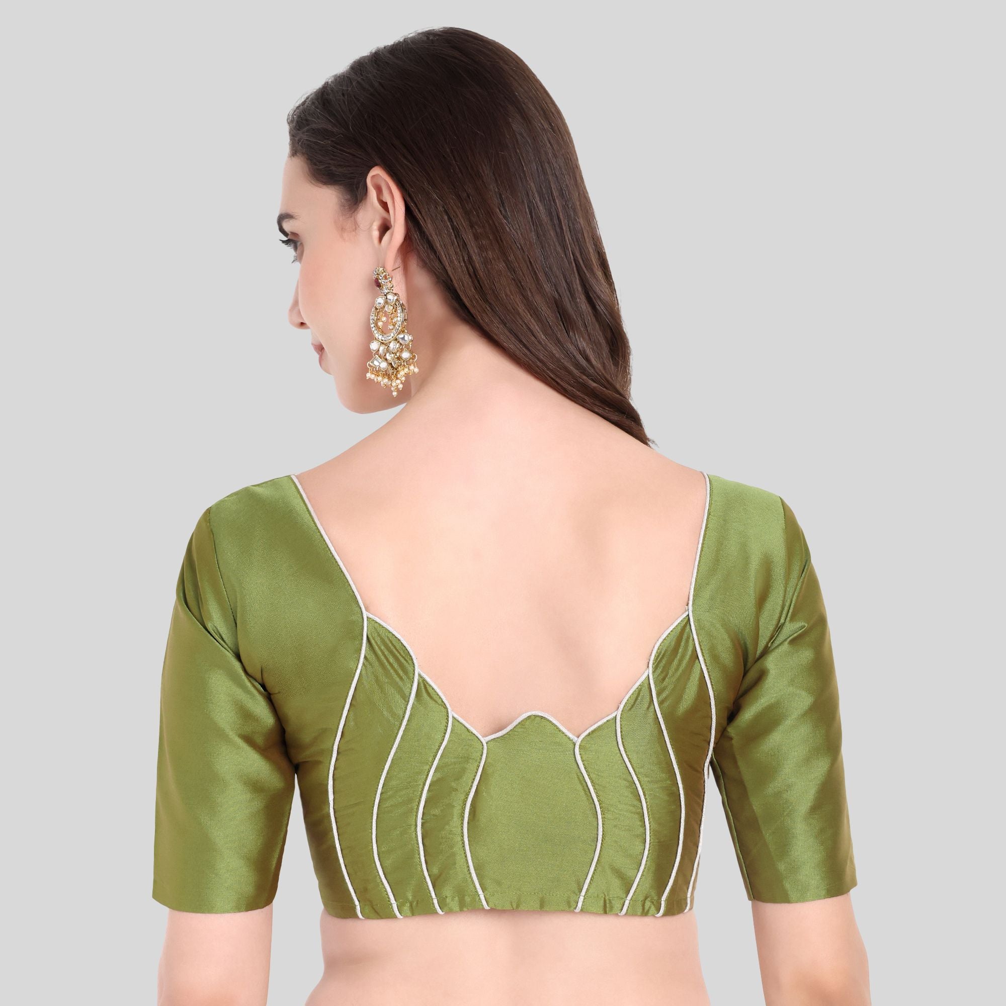 Soft Silk Lotus Pattern Back Design Elbow Sleeves Blouse