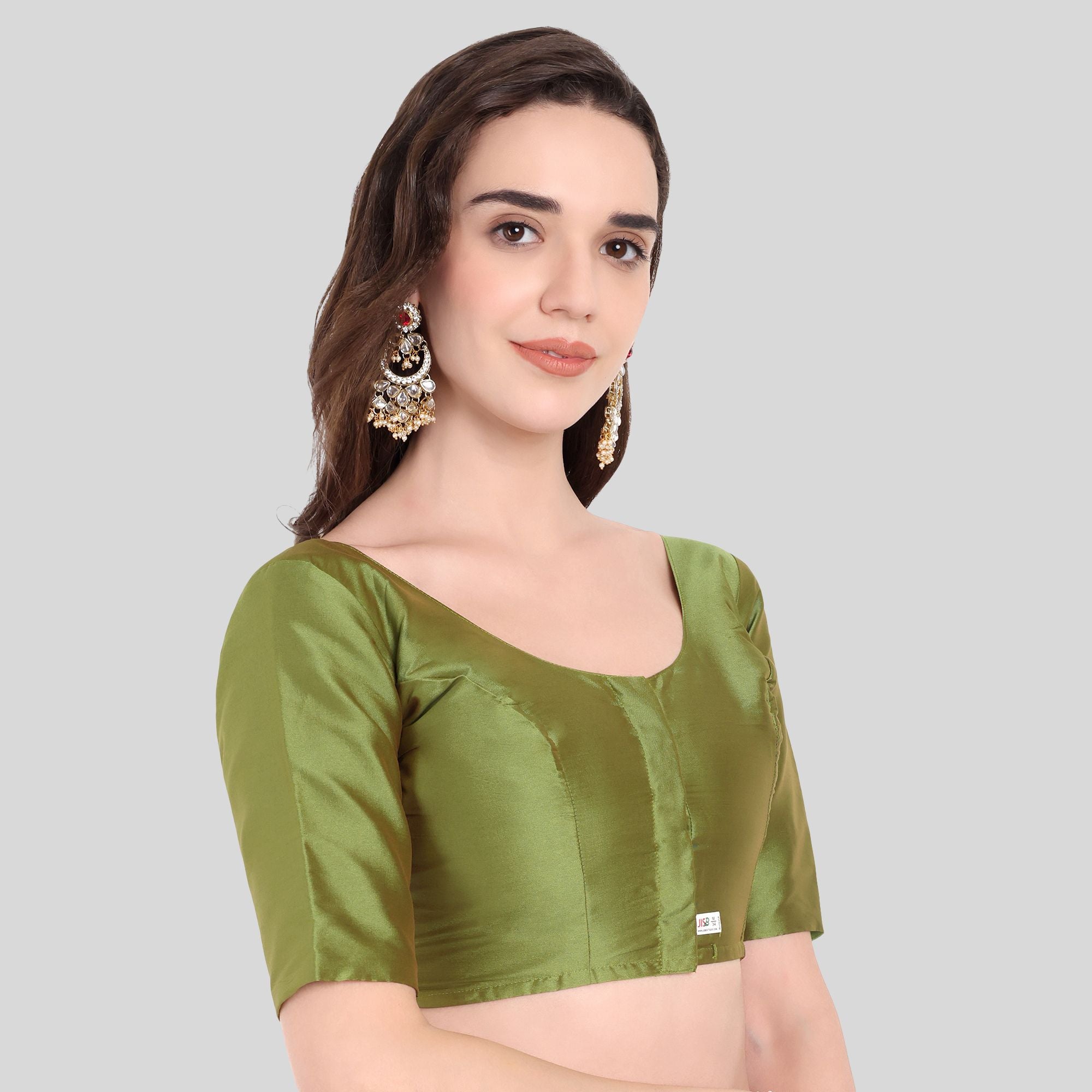 Soft Silk Lotus Pattern Back Design Elbow Sleeves Blouse