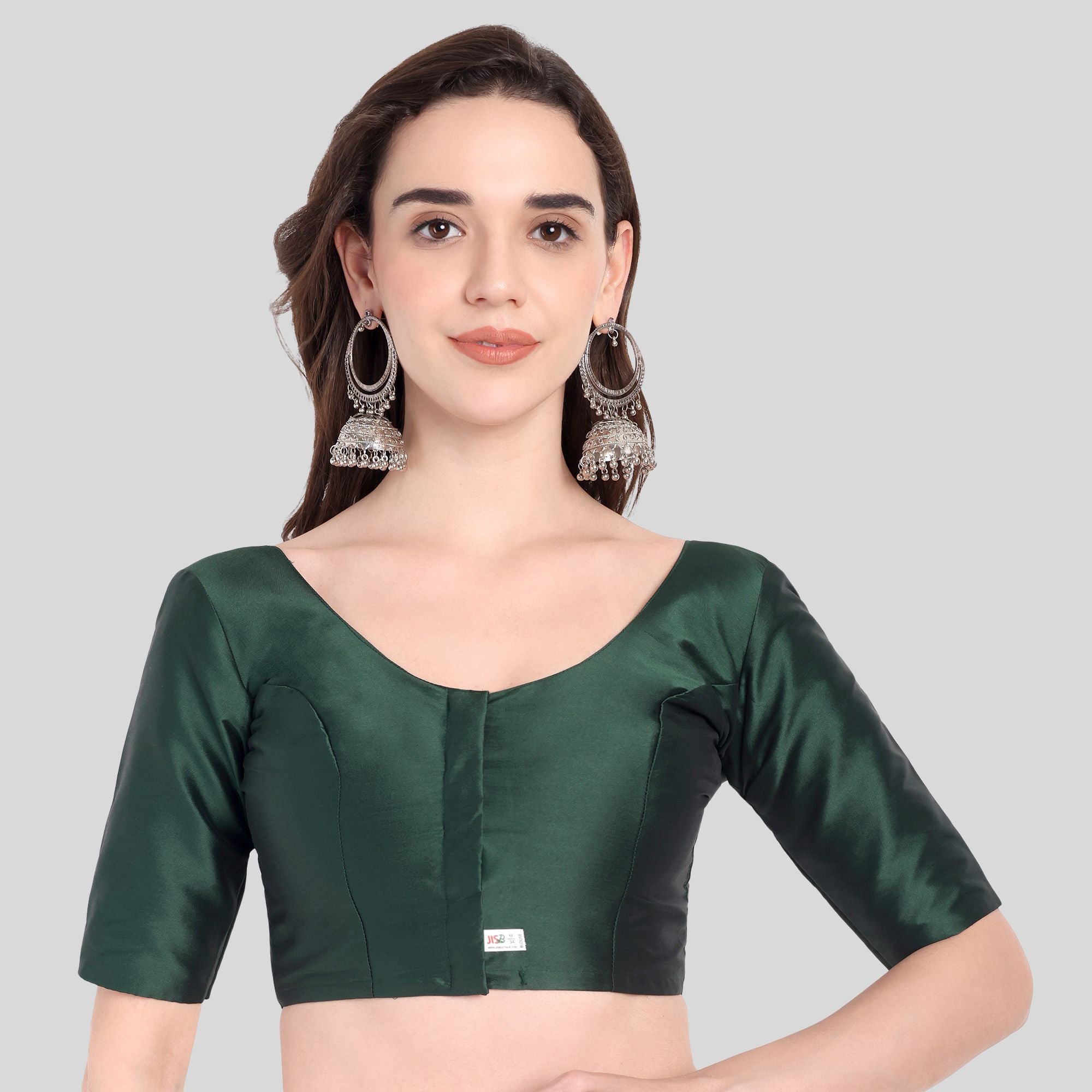 Soft Silk Lotus Pattern Back Design Elbow Sleeves Blouse