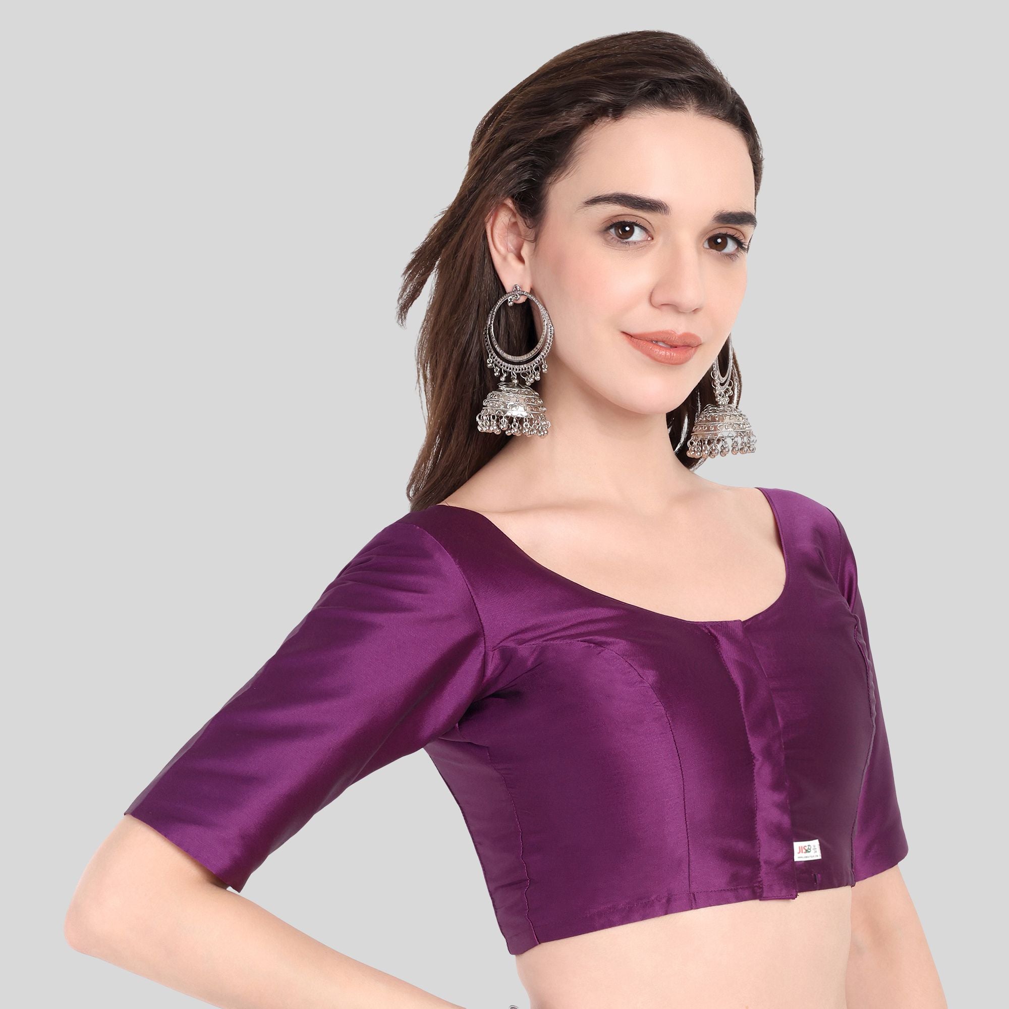 Soft Silk Lotus Pattern Back Design Elbow Sleeves Blouse