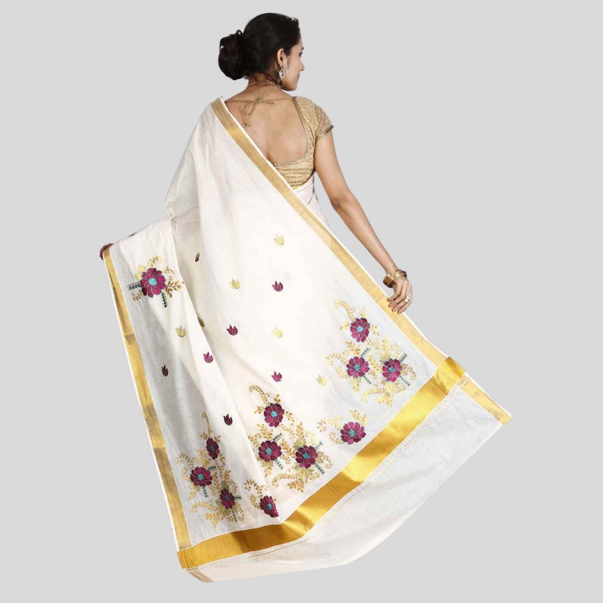 Kasavu Flower Embroidery Saree