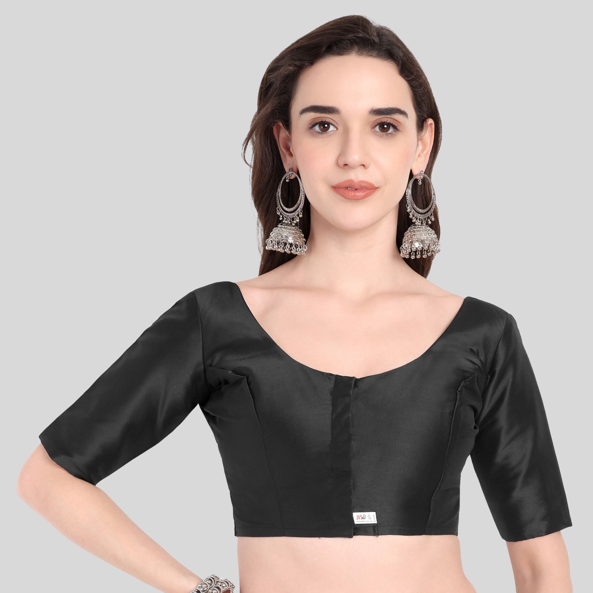 Soft Silk Lotus Pattern Back Design Elbow Sleeves Blouse