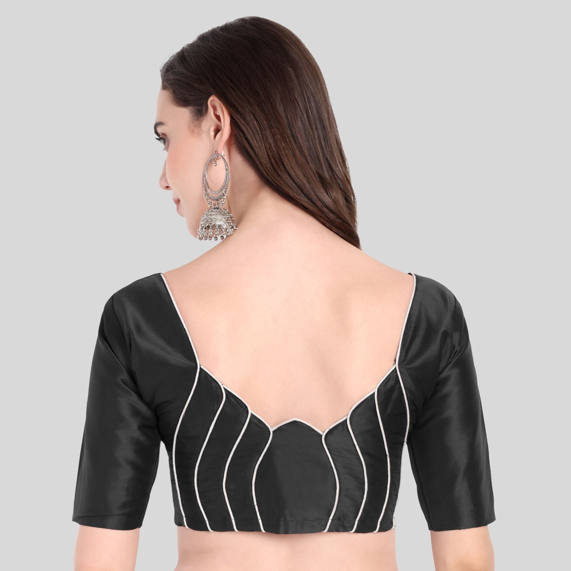 Soft Silk Lotus Pattern Back Design Elbow Sleeves Blouse