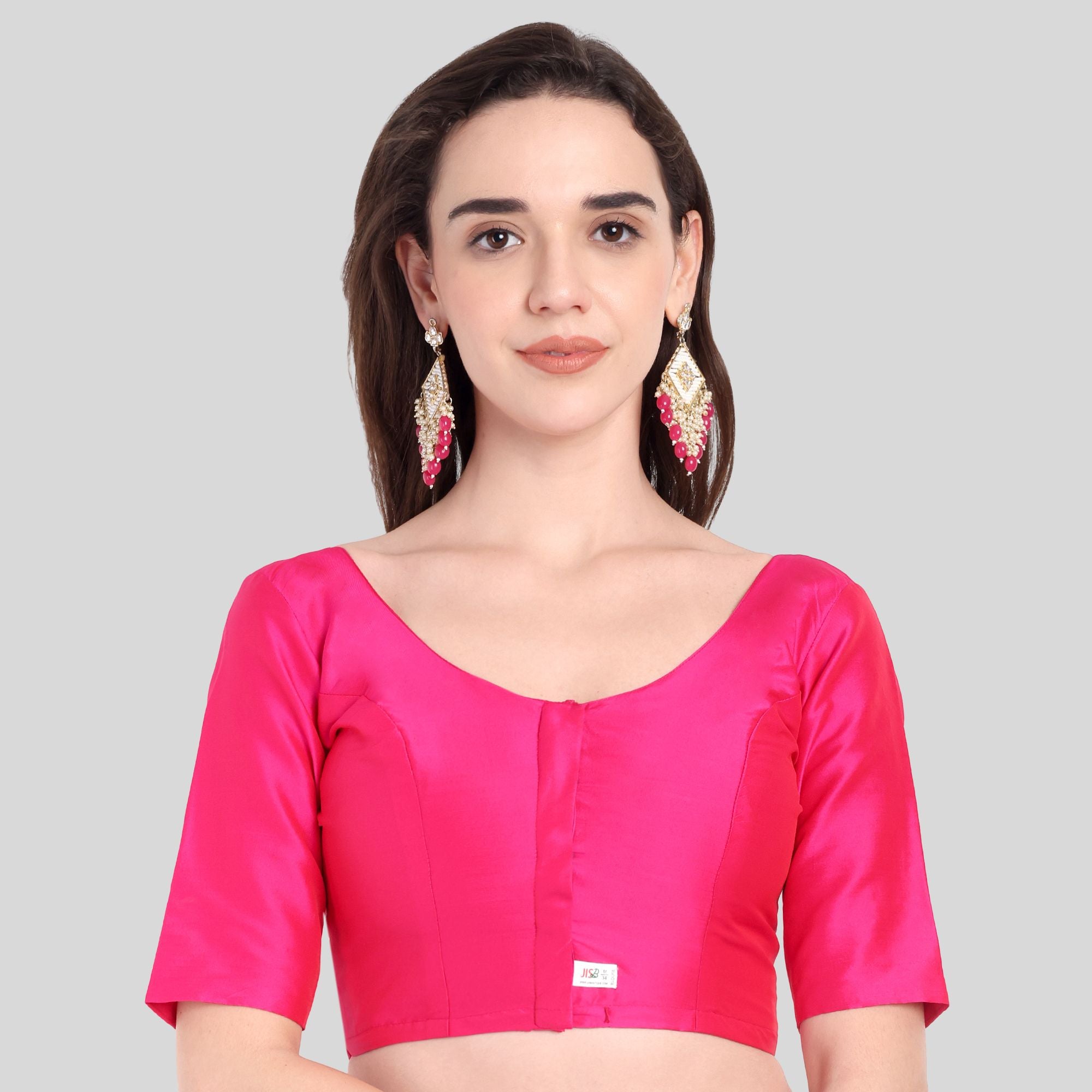 Soft Silk Lotus Pattern Back Design Elbow Sleeves Blouse