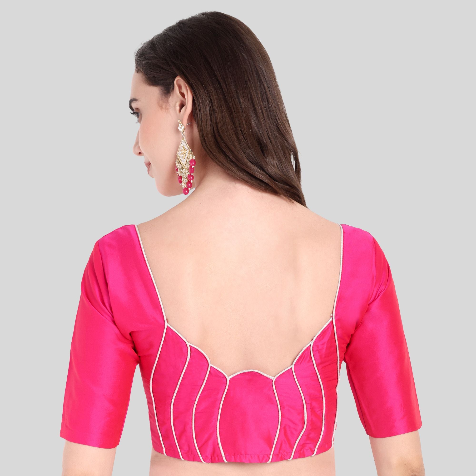 Soft Silk Lotus Pattern Back Design Elbow Sleeves Blouse