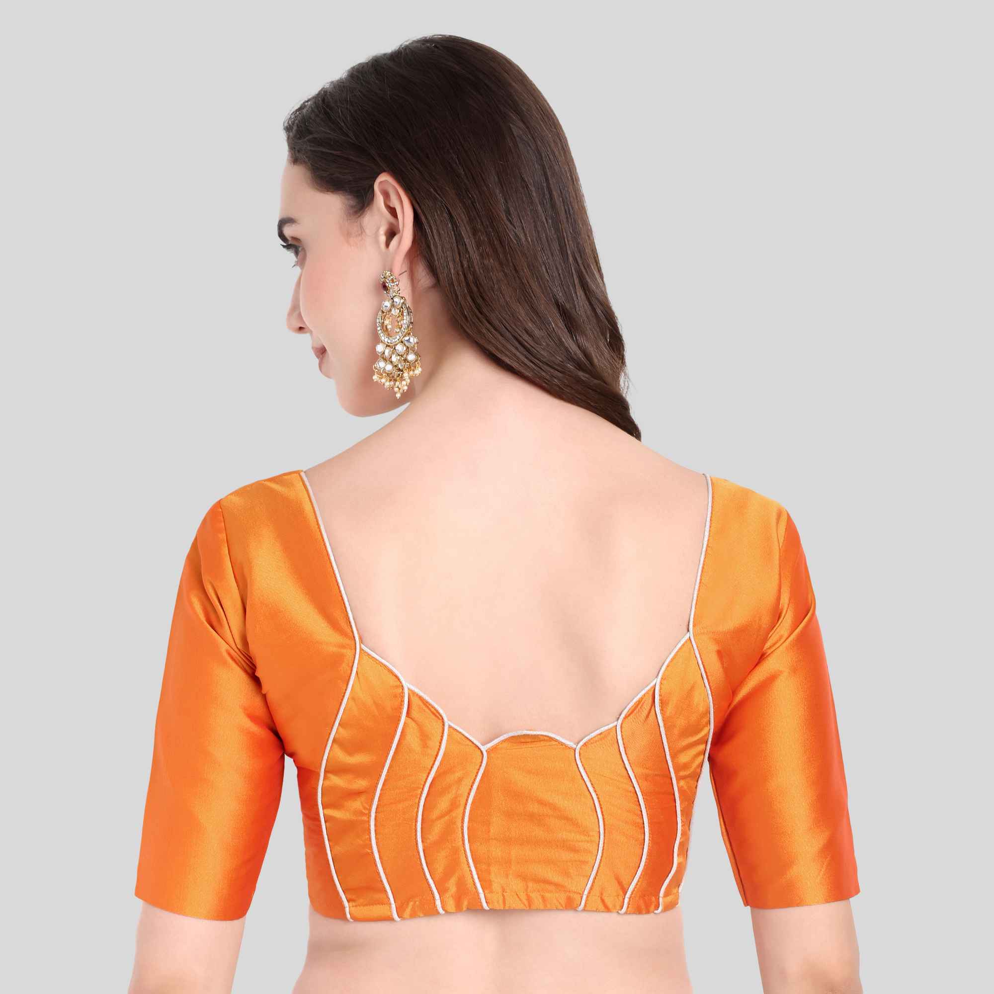 Soft Silk Lotus Pattern Back Design Elbow Sleeves Blouse