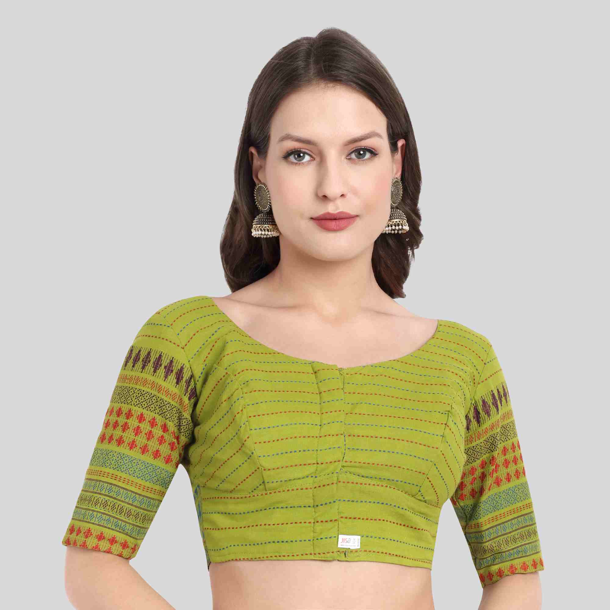 Elbow Border readymade blouse in Color Green with Contrast color Border