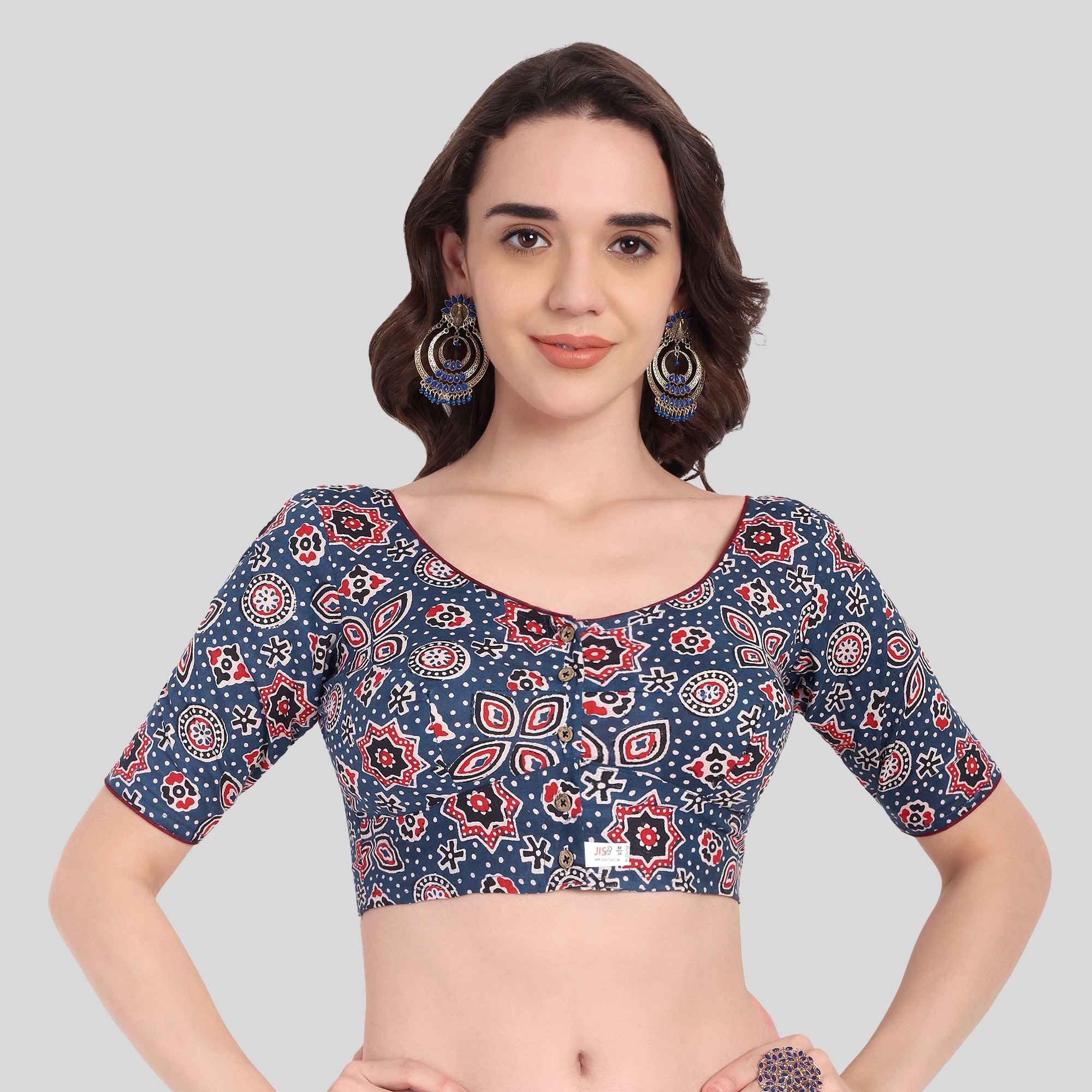 JISB Women's Printed Cotton Elbow Sleeve Blouse, Peacock Blue