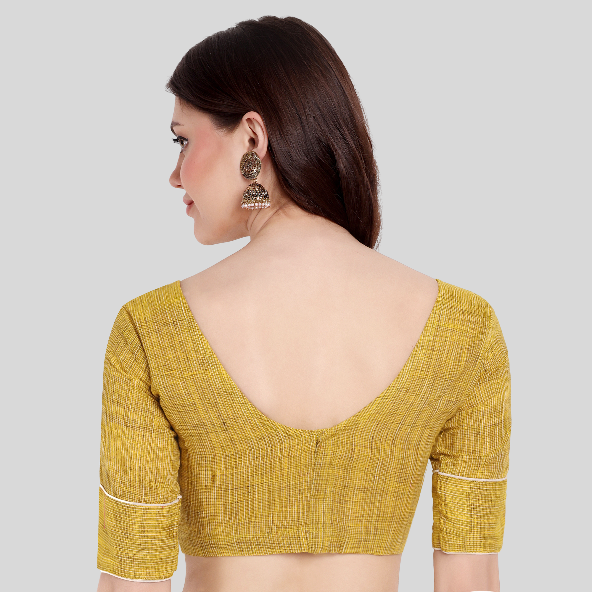 Mustard mini checks back open blouse in chennai