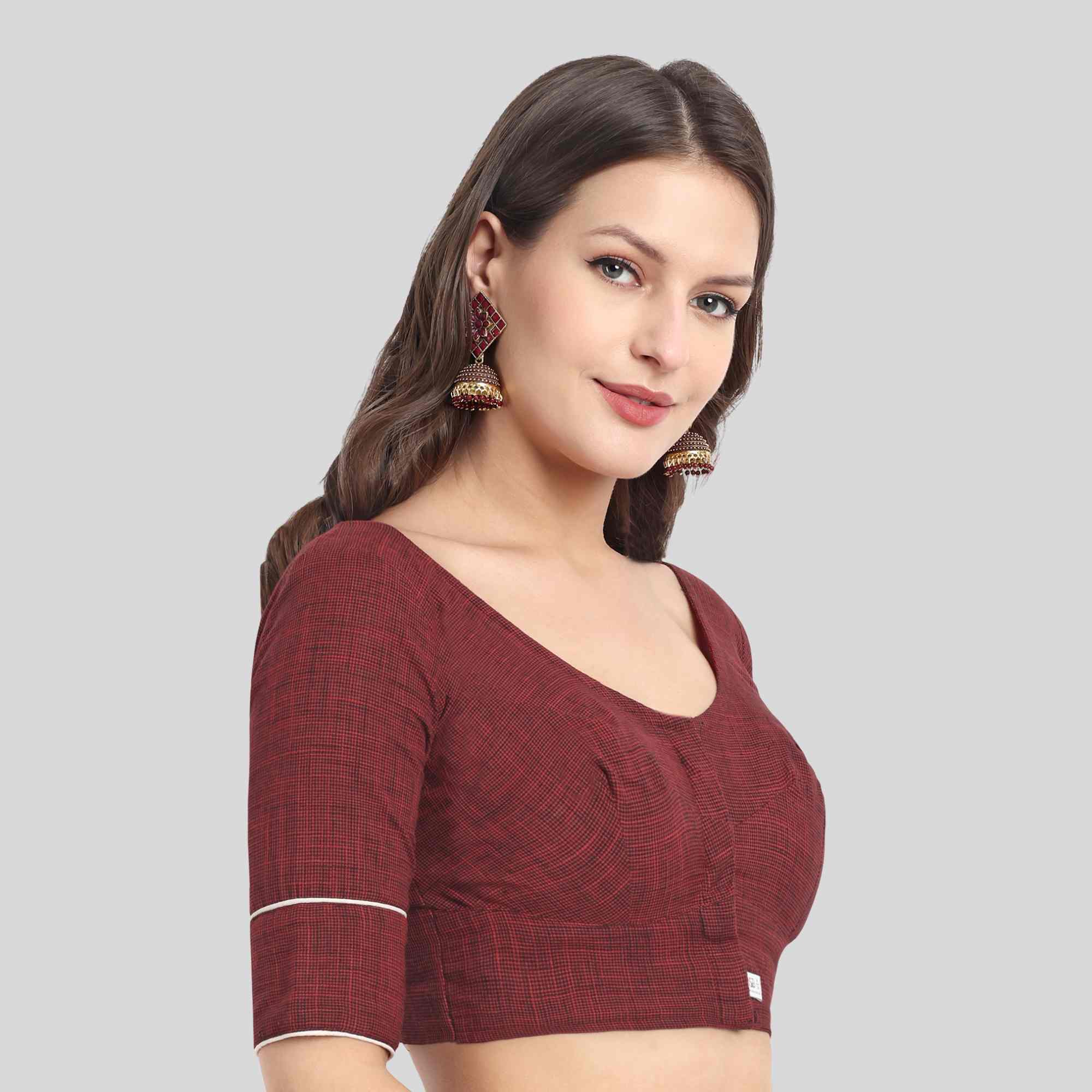 Maroon mini checks readymade blouse with front open