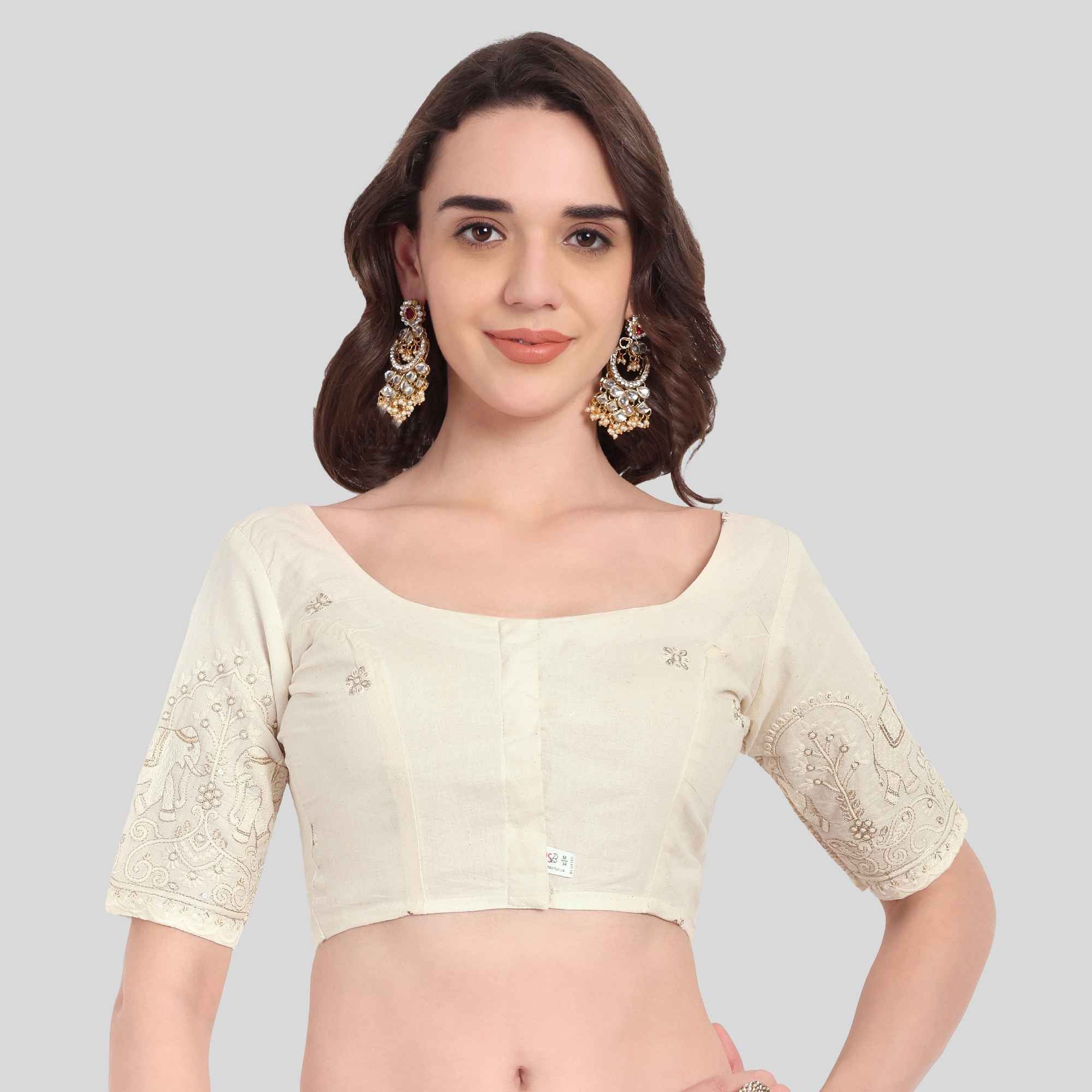 Kora Cotton Scallop Work Elbow Sleeve Blouse