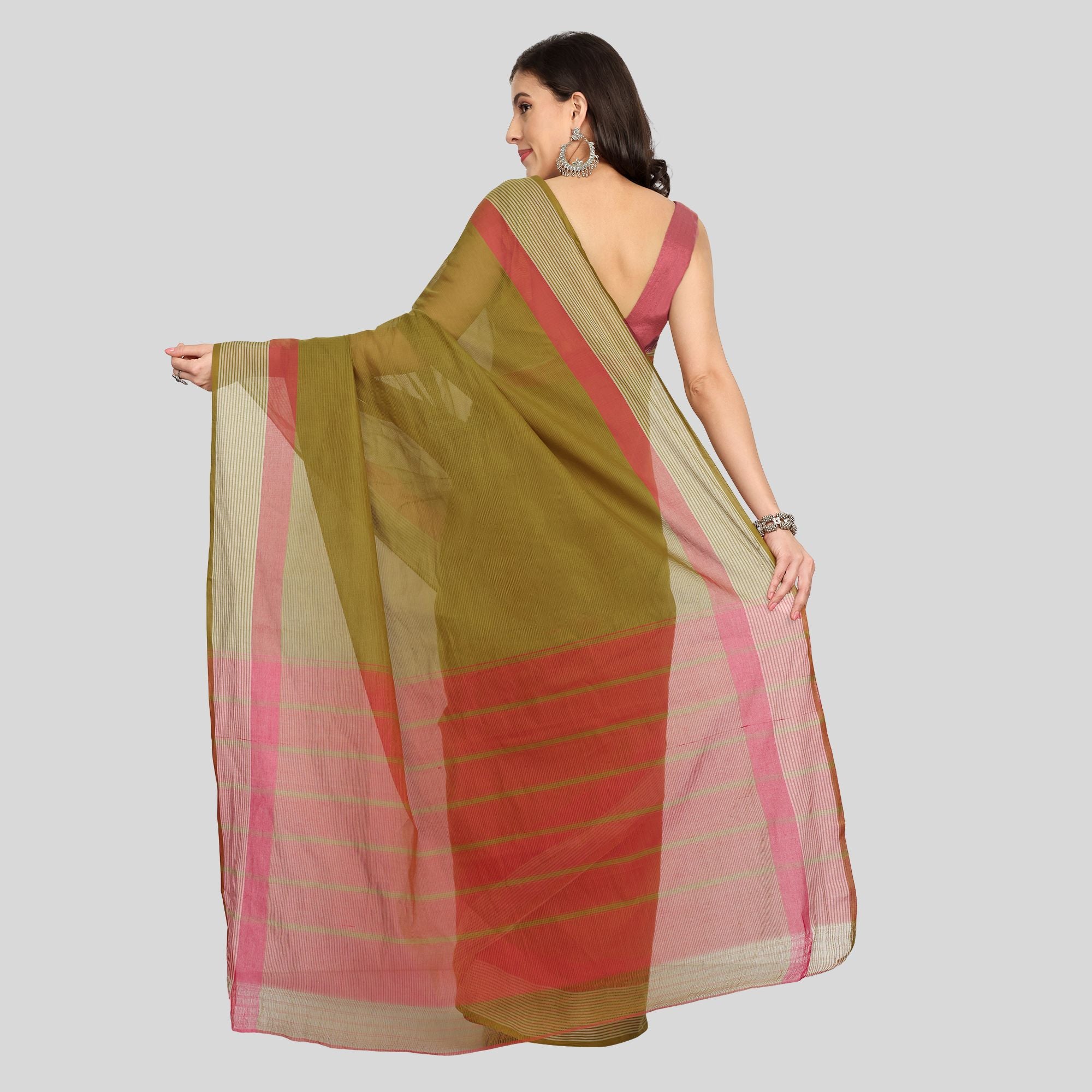 JISB Stripe Border Plain Cotton Saree