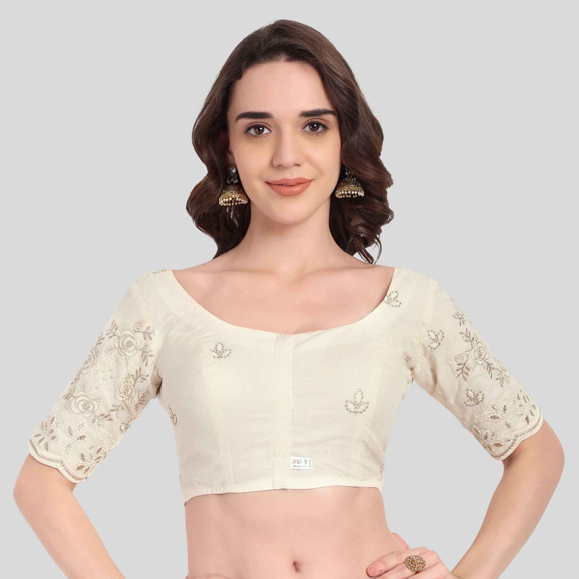 Kora Cotton Scallop Work Elbow Sleeve Blouse