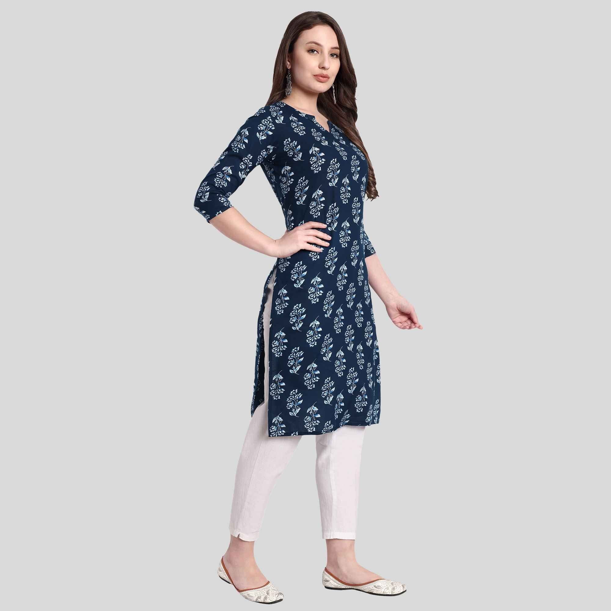 Women floral printed cotton kurti navy blue