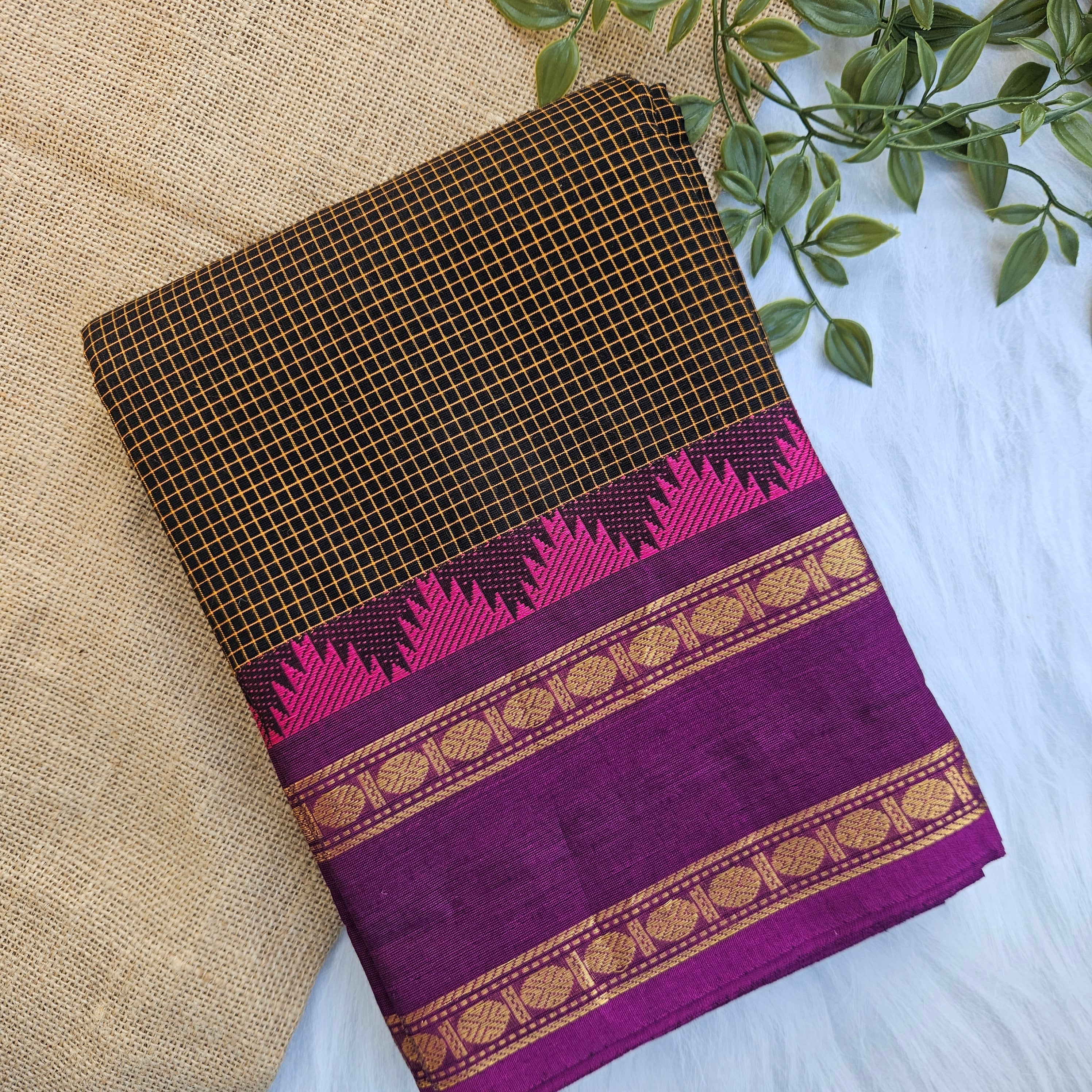 JISB Checkered Chettinad Cotton Sarees With Running Blouse