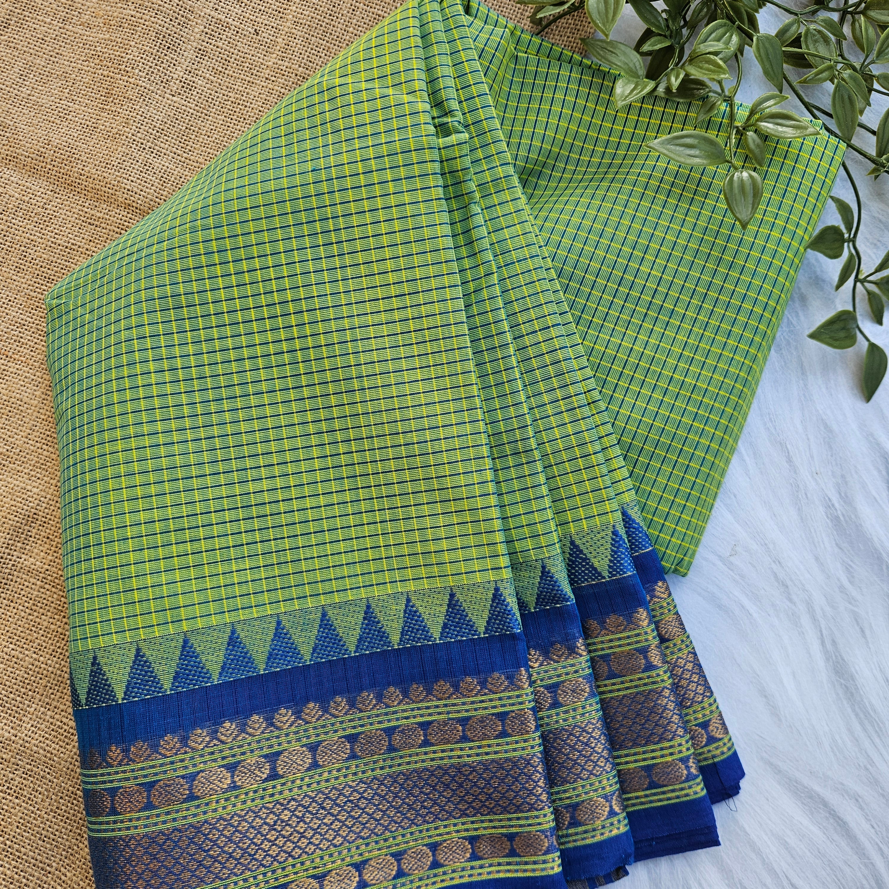 JISB Checkered Chettinad Cotton Sarees With Running Blouse
