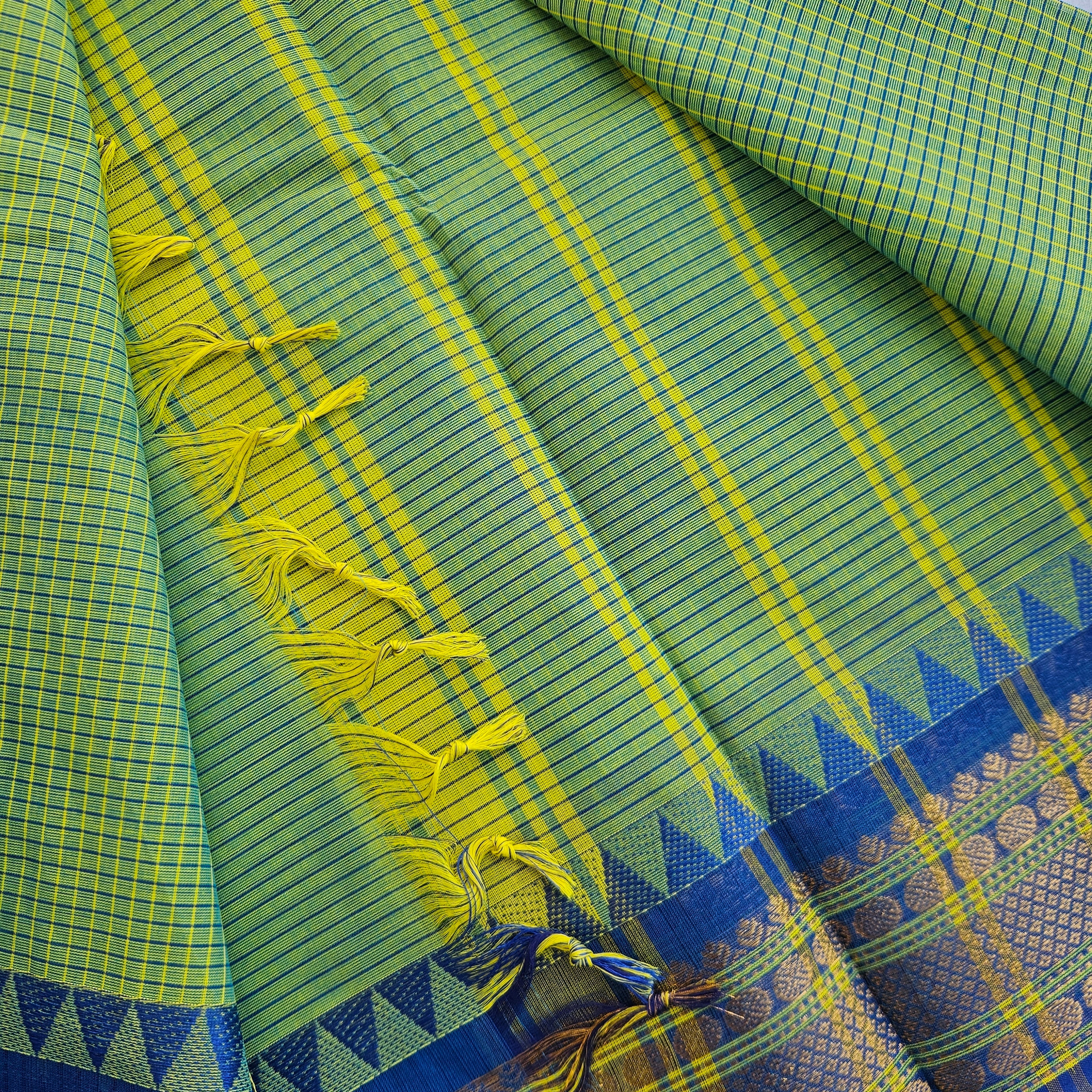 JISB Checkered Chettinad Cotton Sarees With Running Blouse