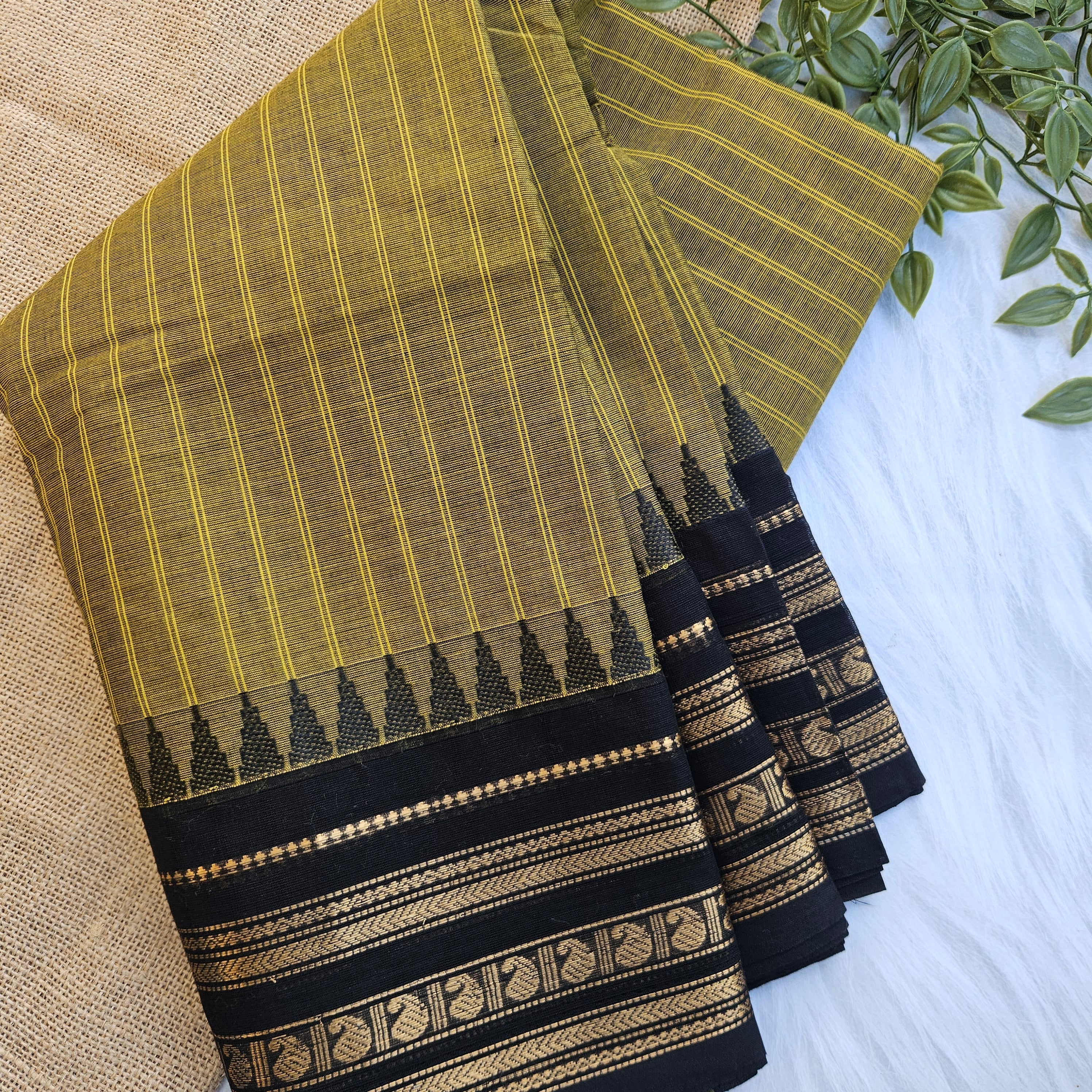 JISB Striped Chettinad Cotton Saree With Running Blouse Material