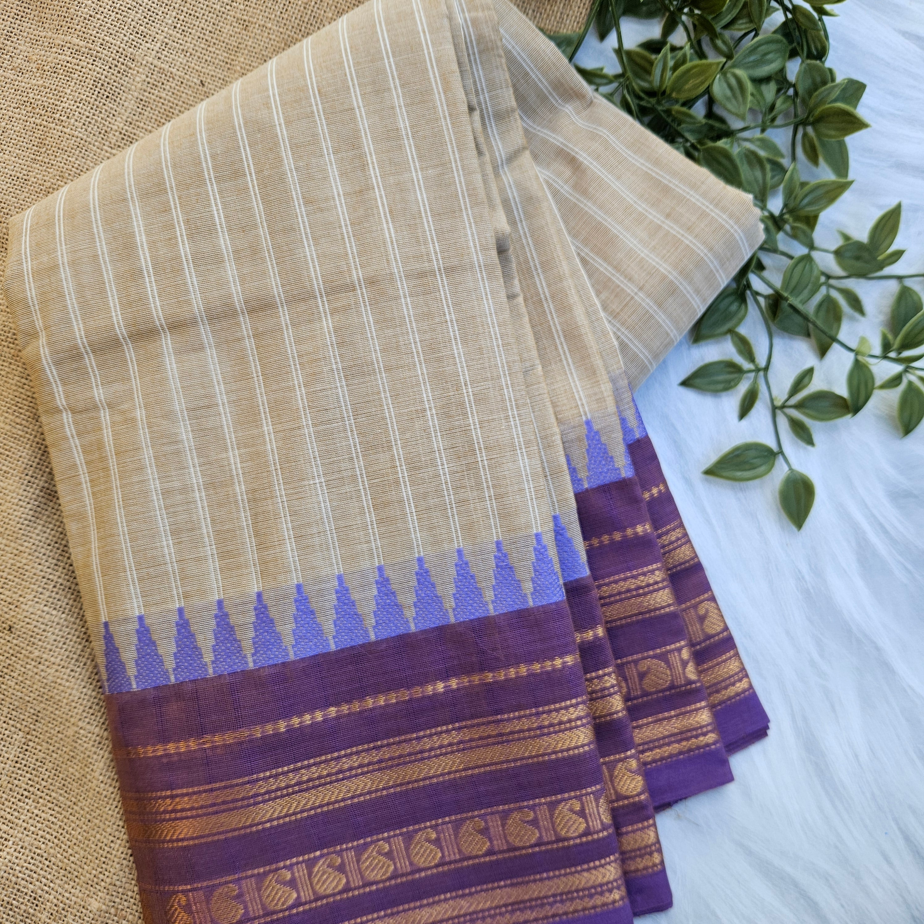 JISB Striped Chettinad Cotton Saree With Running Blouse Material
