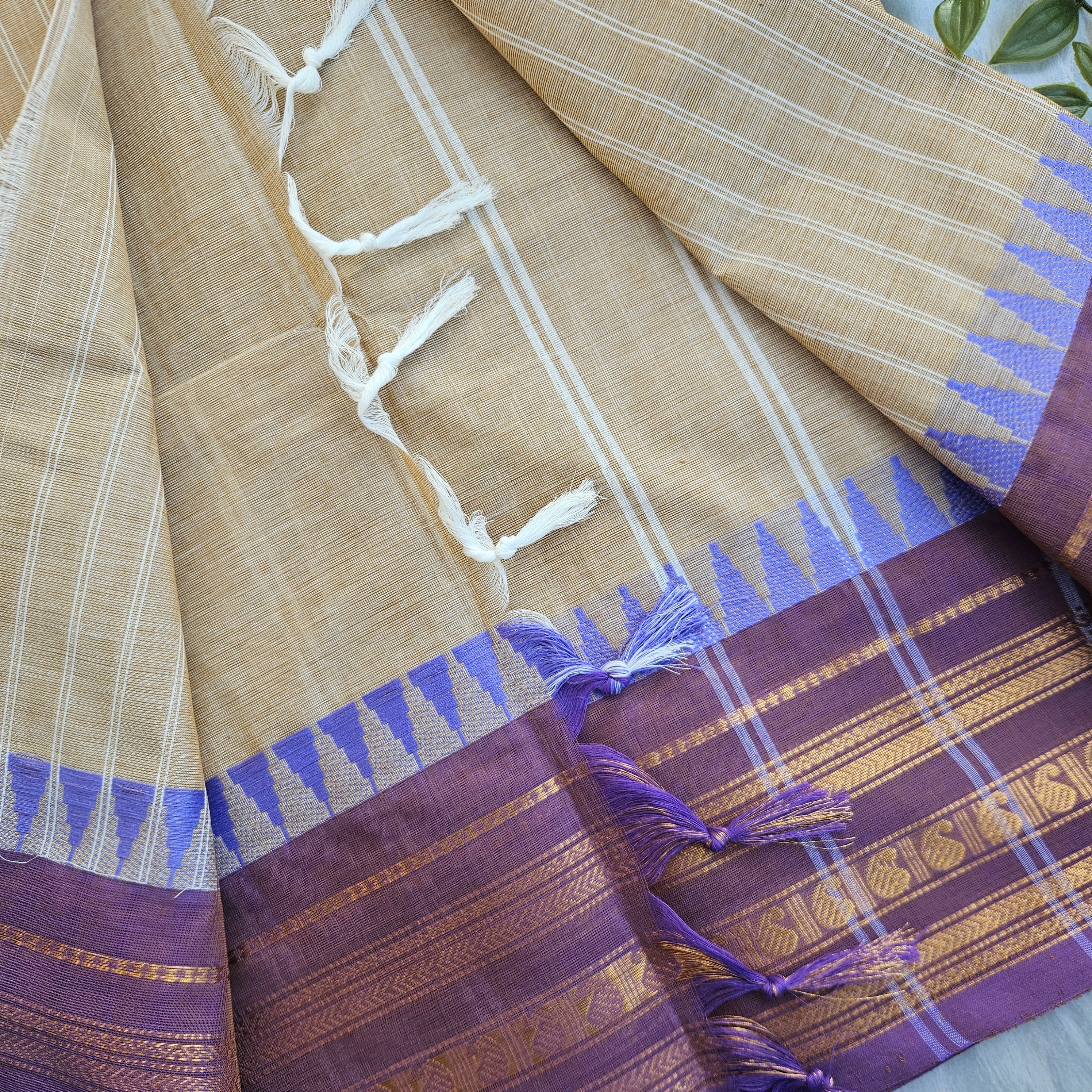JISB Striped Chettinad Cotton Saree With Running Blouse Material