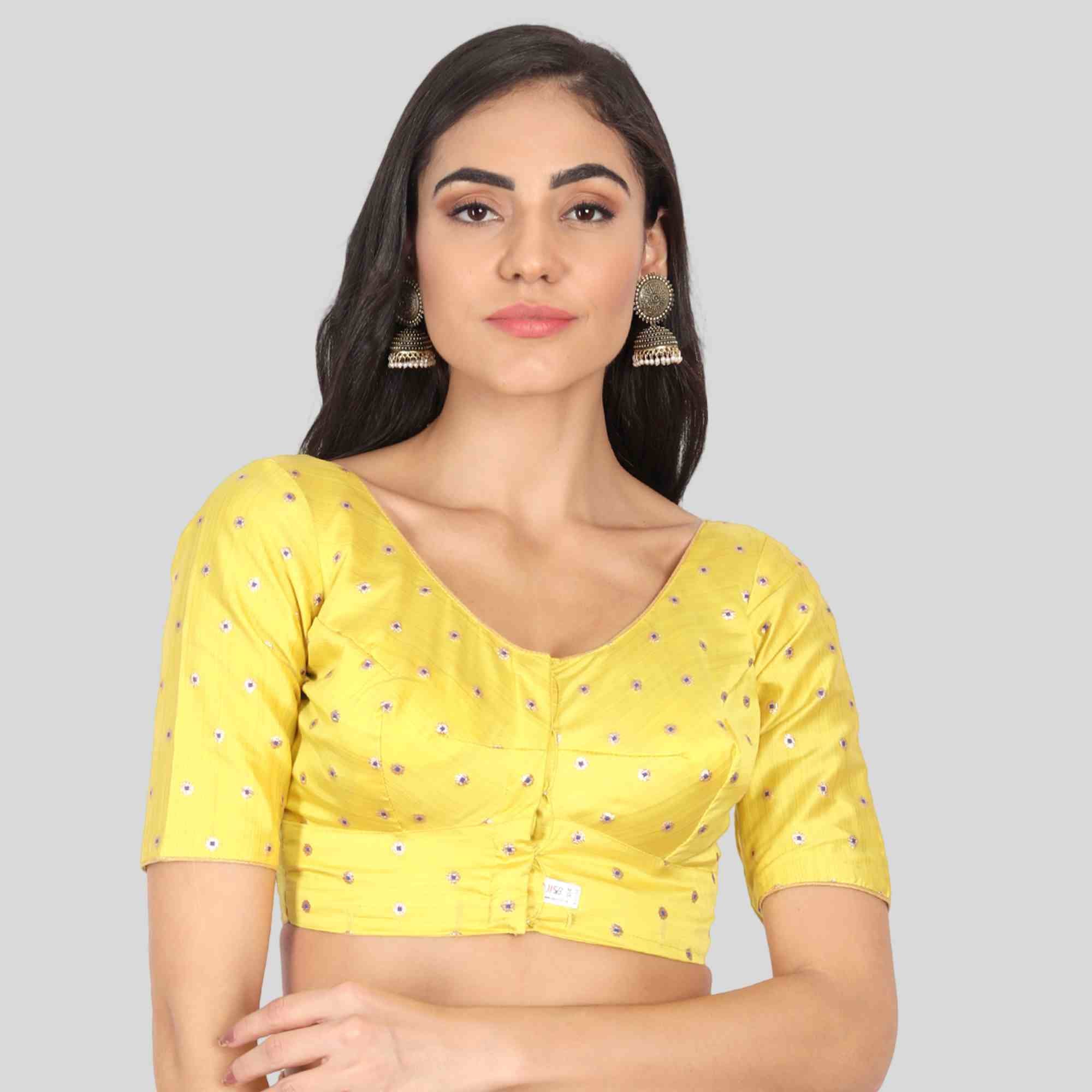 Yellow silk putta readymade blouse in elbow sleeves