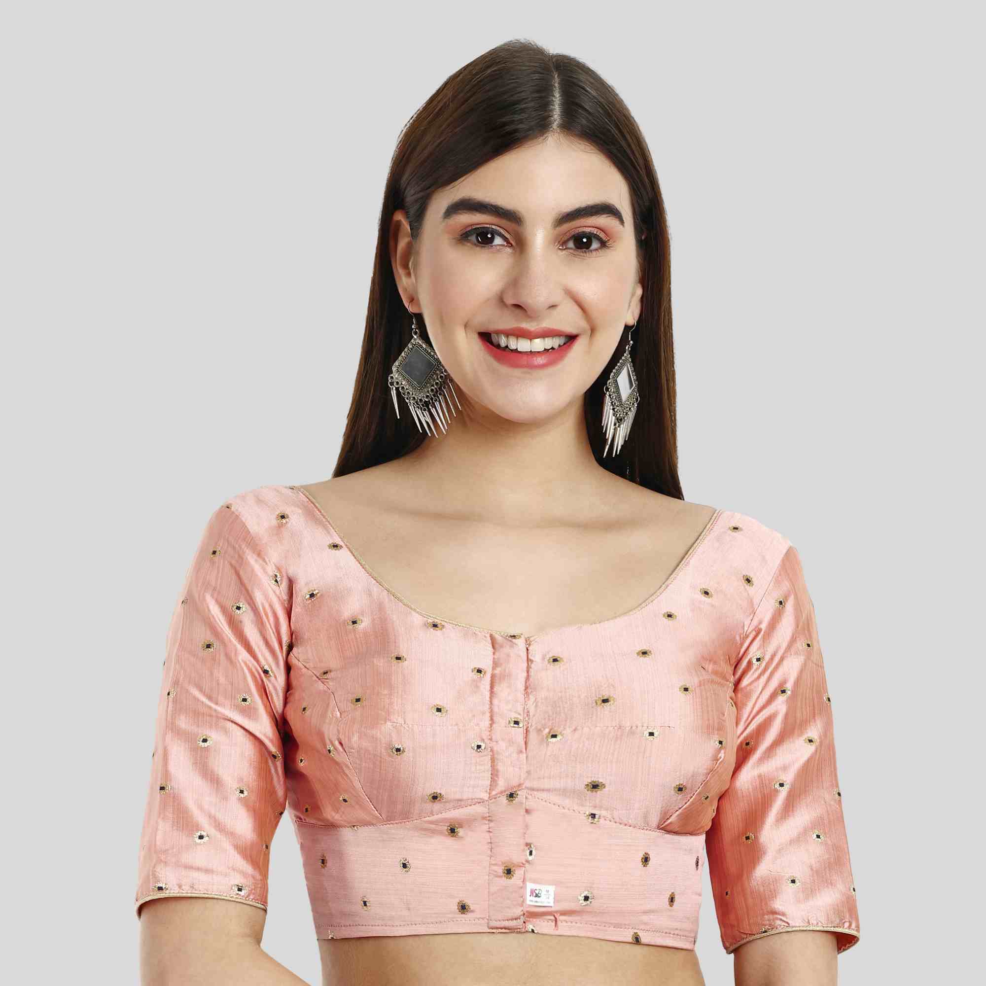 Peach color readymade blouse with Golden color Neck piping