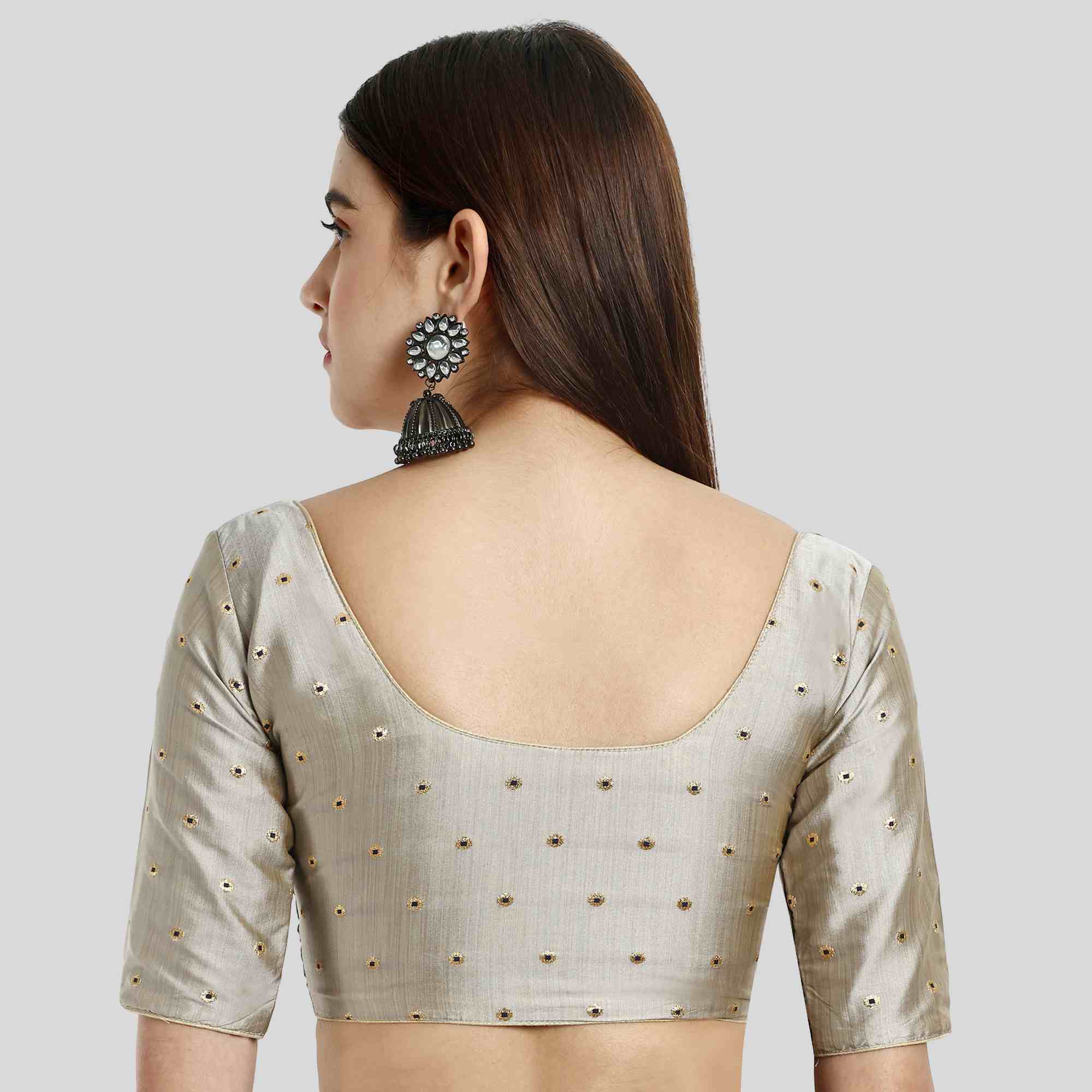 Grey Silk readymade blouse with Neck piping