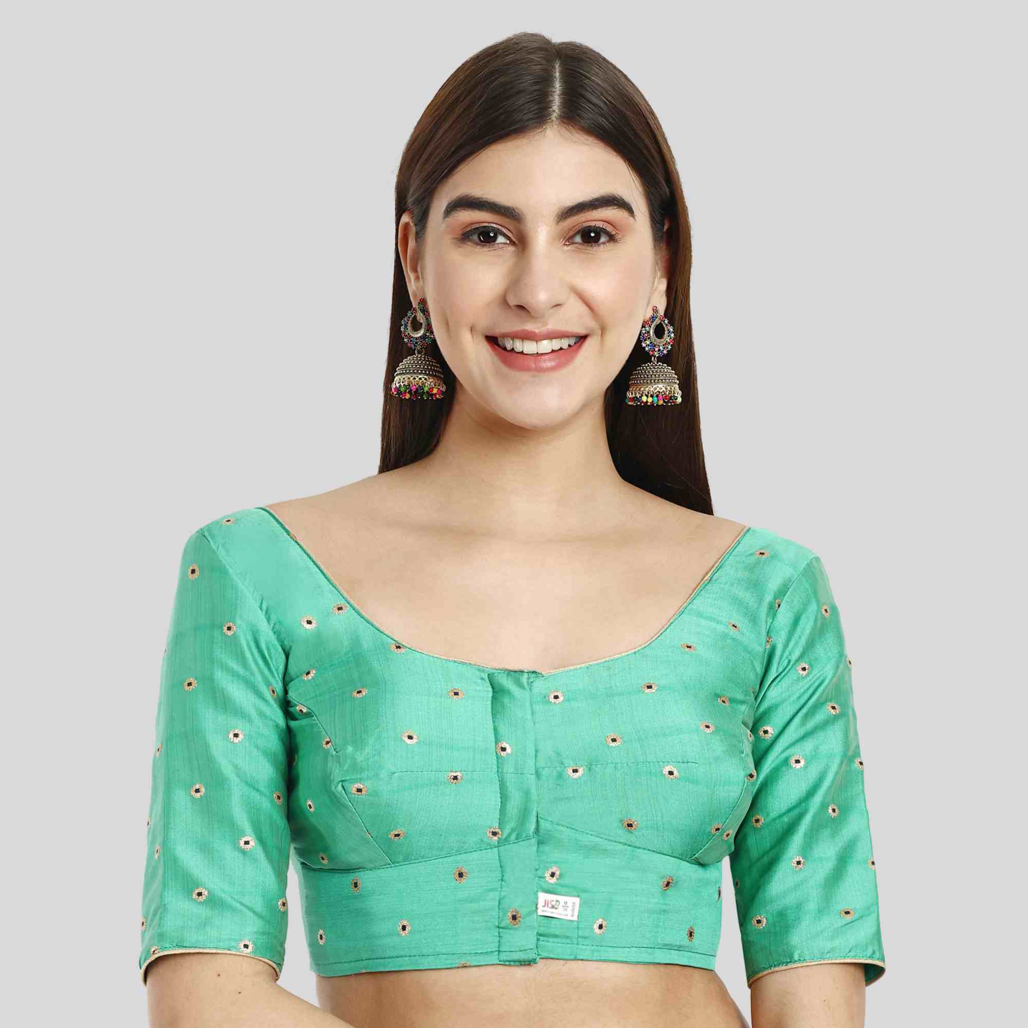 Putta design readymade silk blouse online in color green