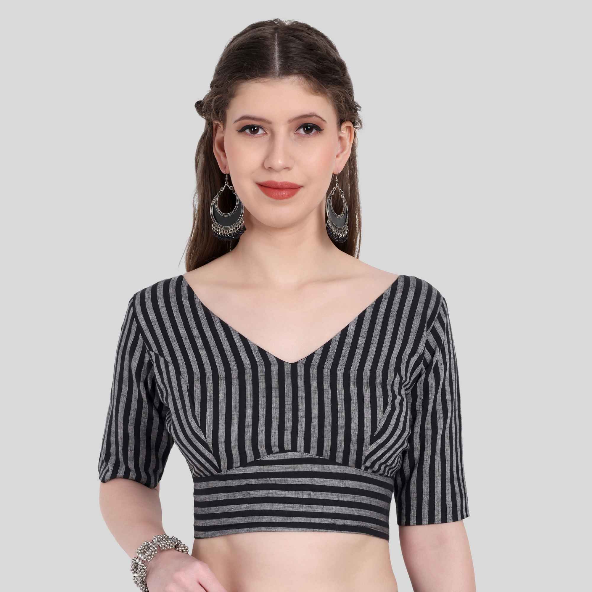 Stripe V Neck Elbow Sleeve Blouse