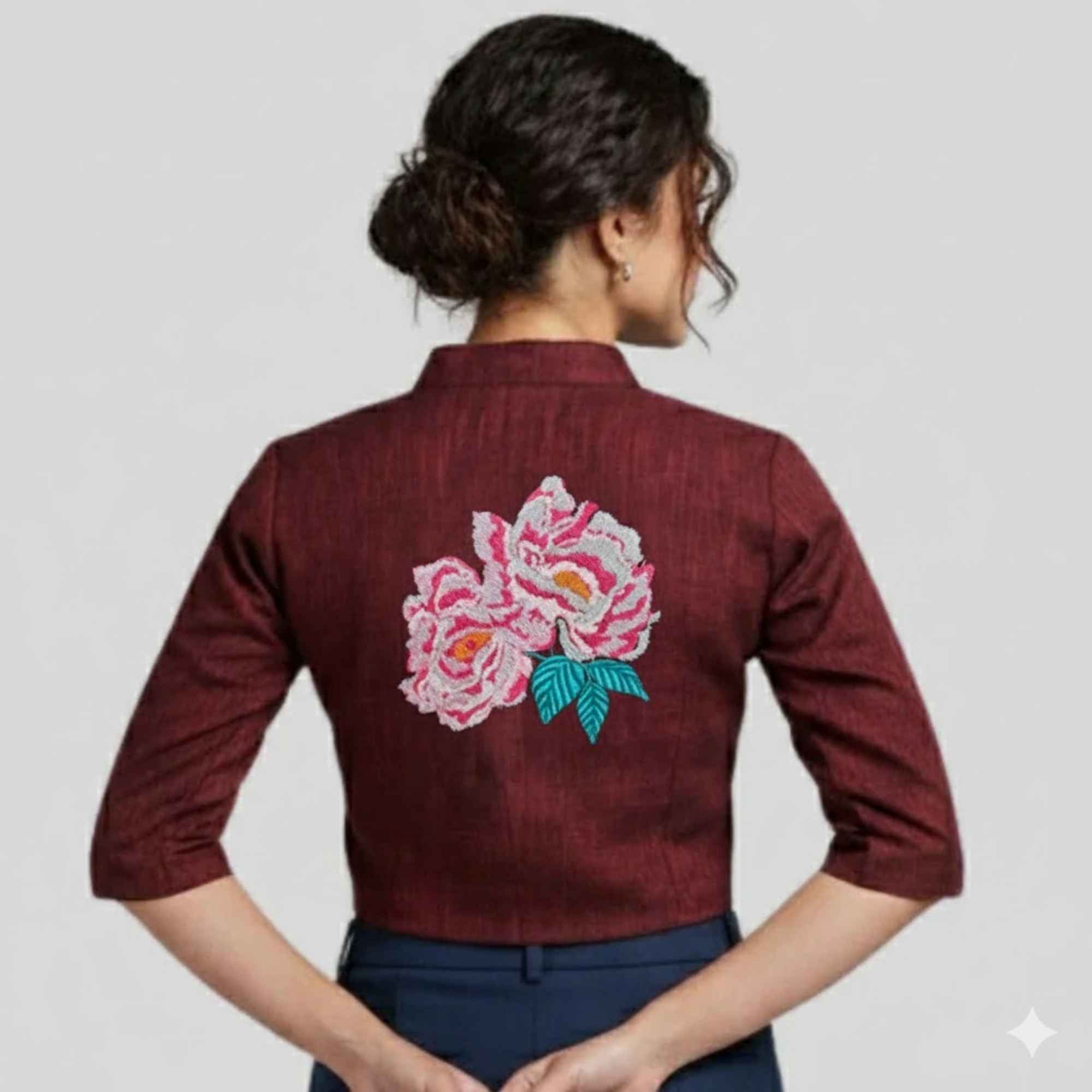 Embroidery Cotton Women's Mandarin Collar Elbow Sleeve Blouse