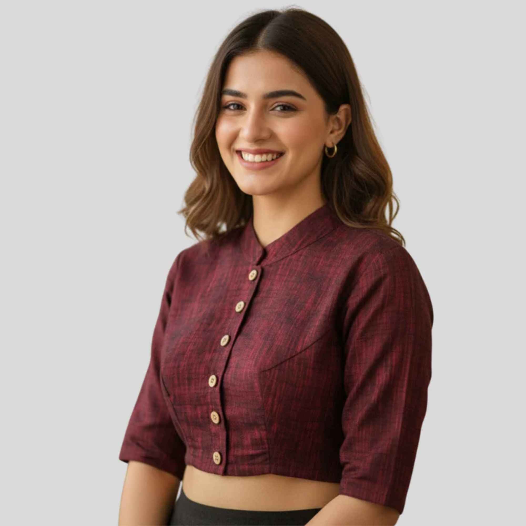 Embroidery Cotton Women's Mandarin Collar Elbow Sleeve Blouse