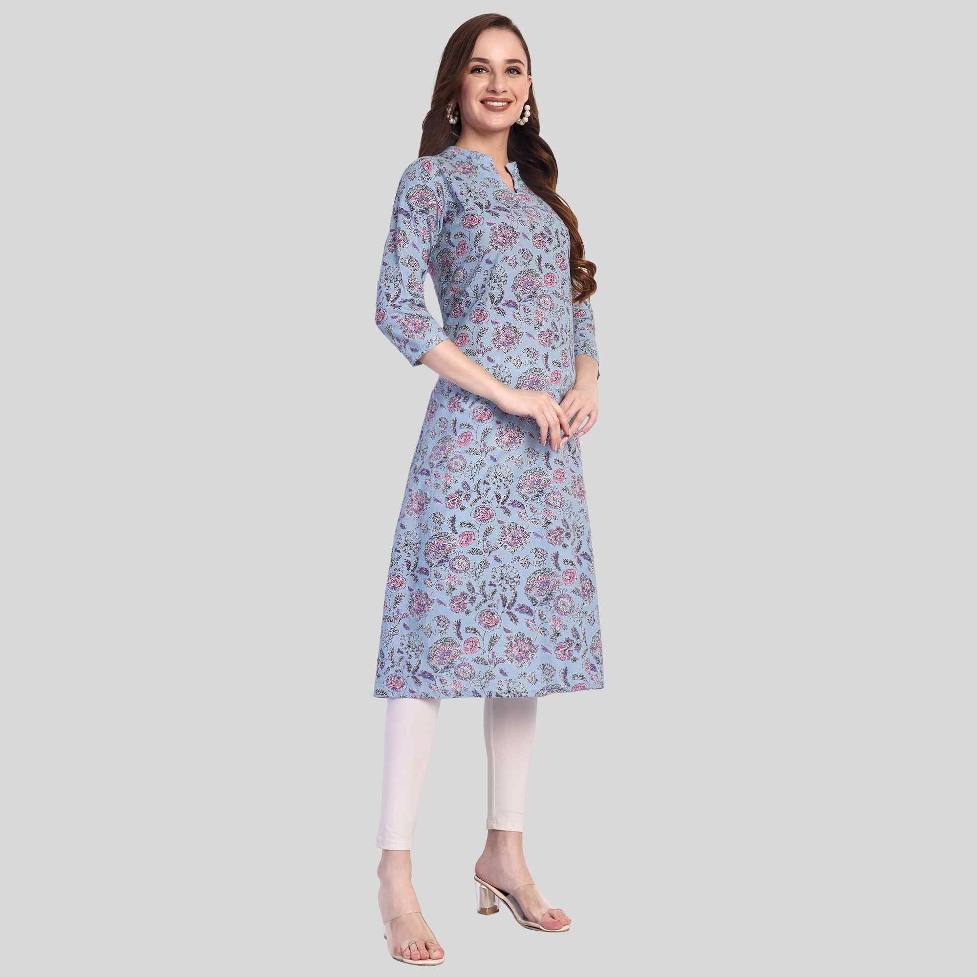 Women's floral print collar cotton kurti