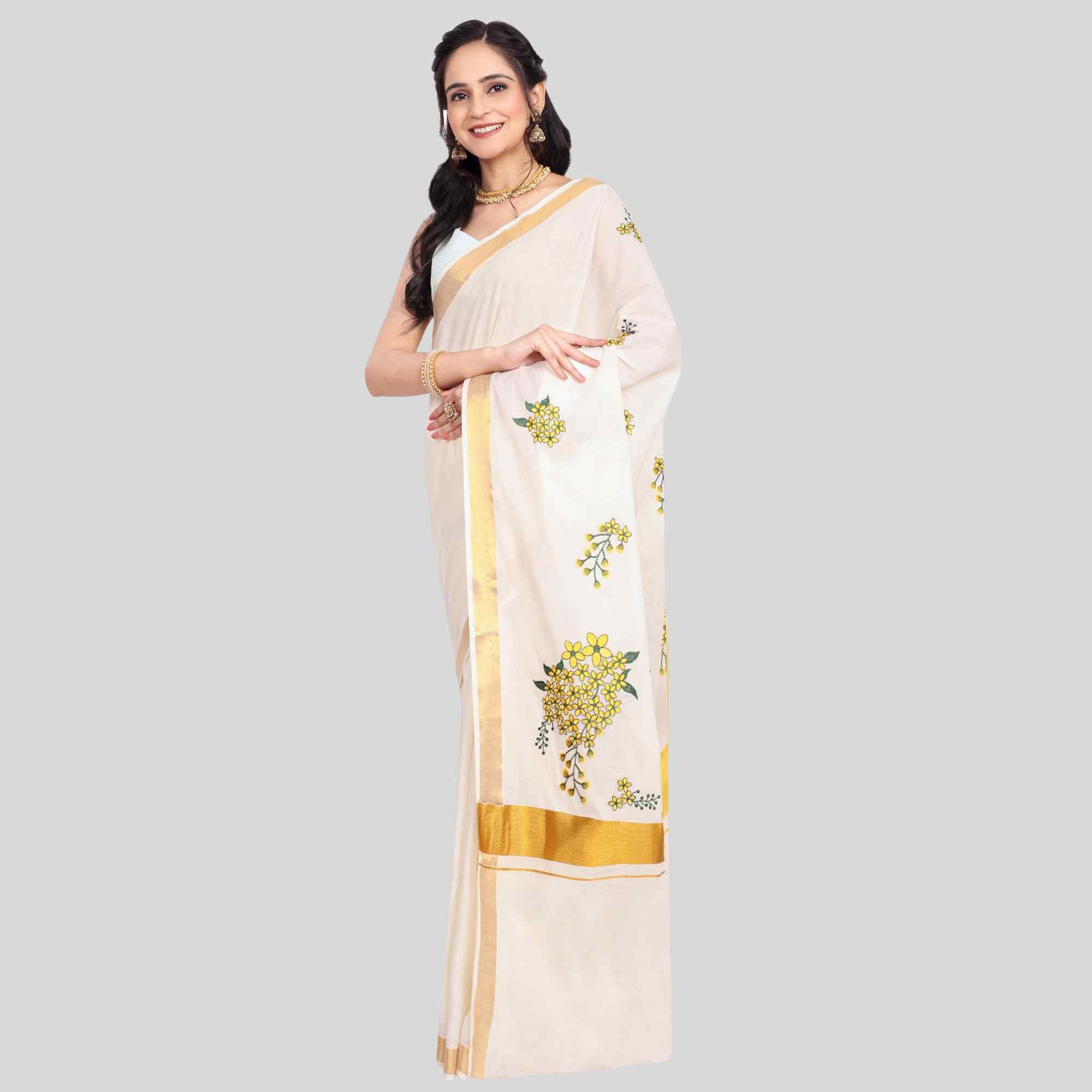 embroidered flower kerala saree