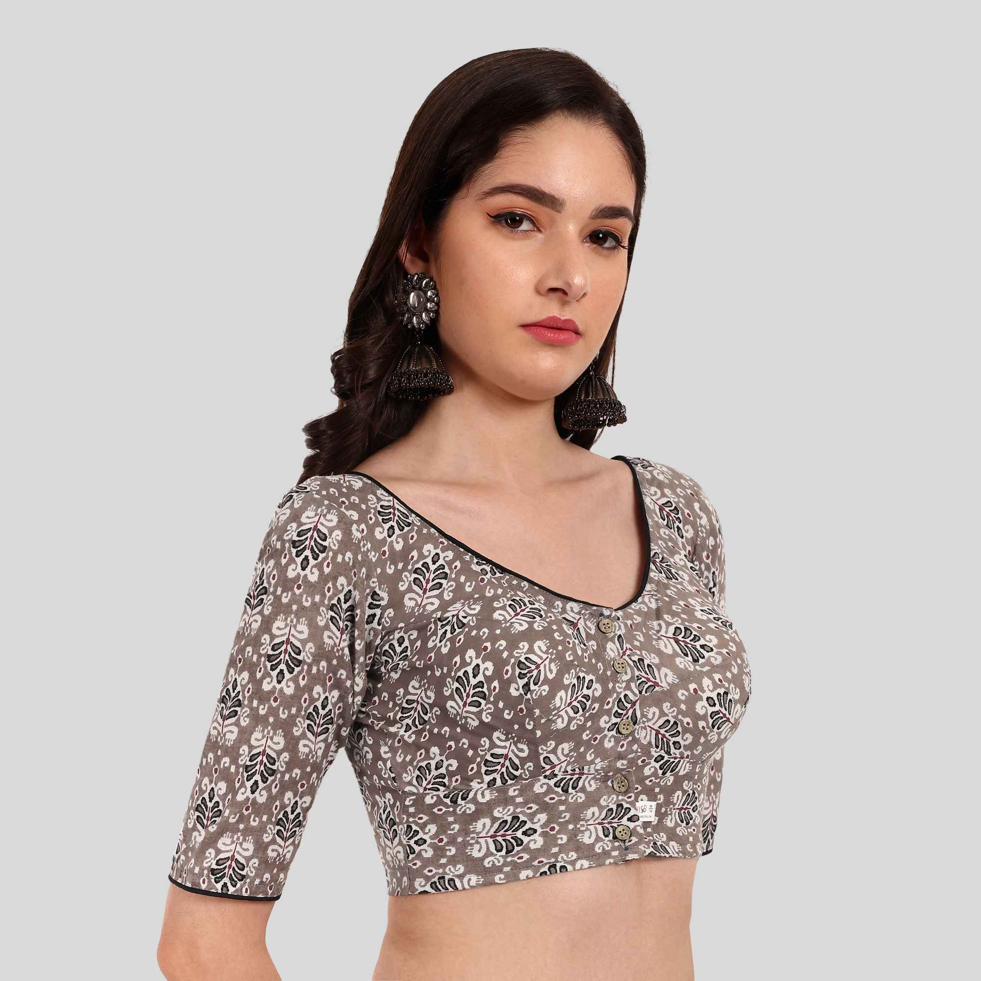 JISB Women's Printed Cotton Elbow Sleeve Blouse, Grey