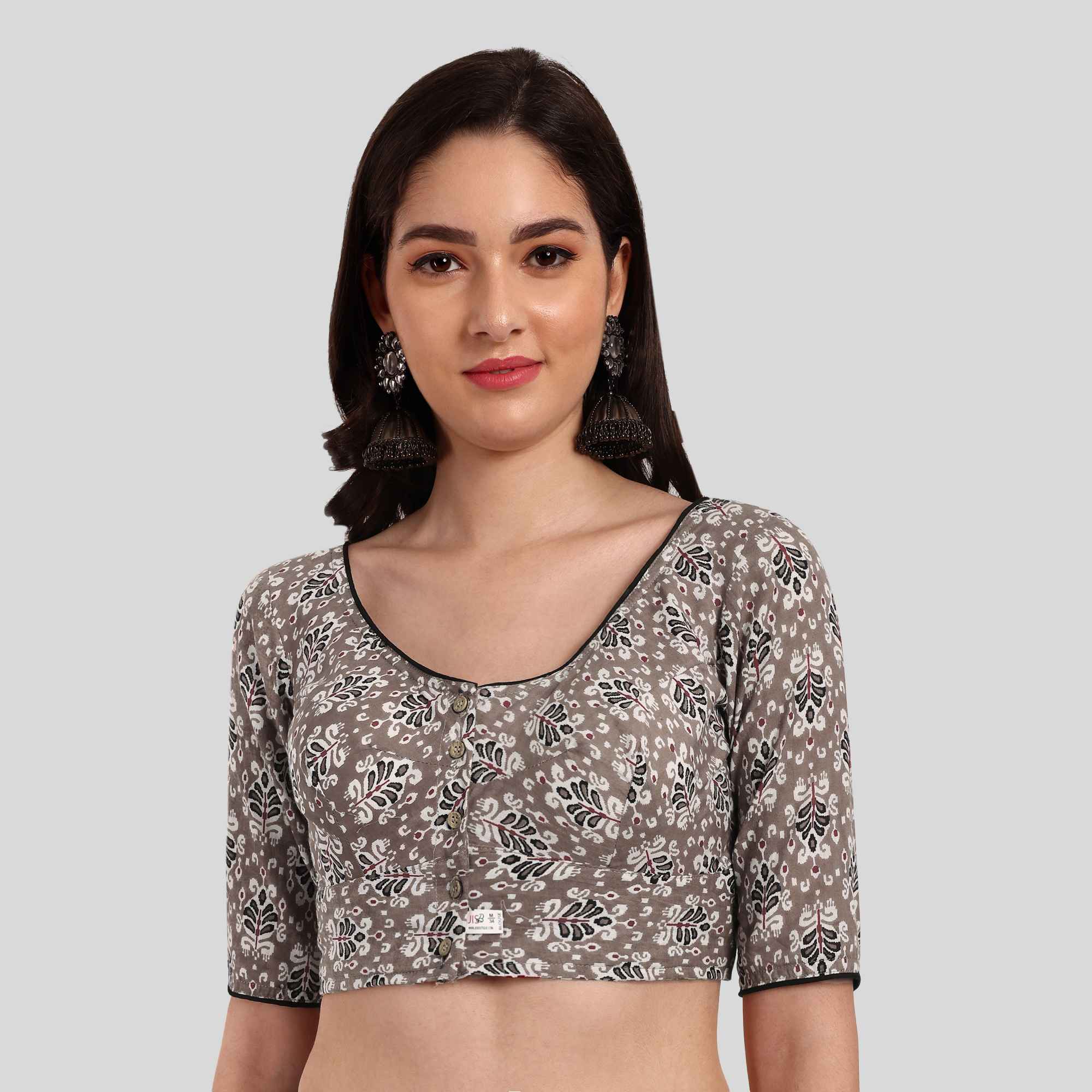 JISB Women's Printed Cotton Elbow Sleeve Blouse, Grey
