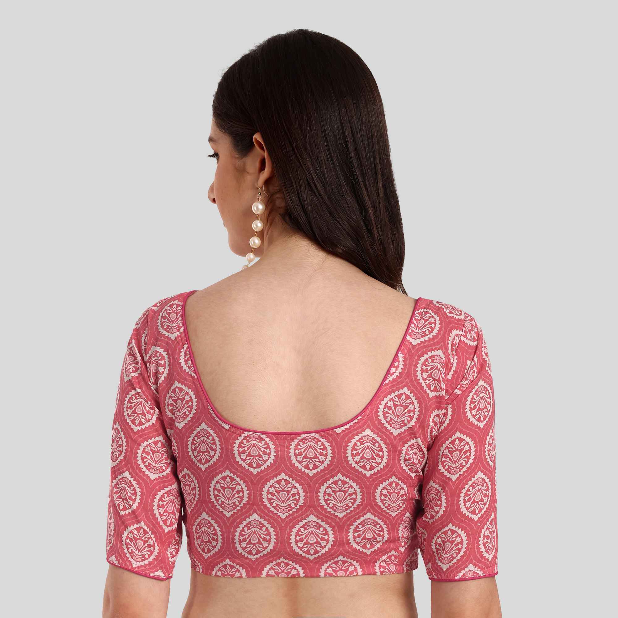 JISB Women's Printed Cotton Elbow Sleeve Blouse, Pink