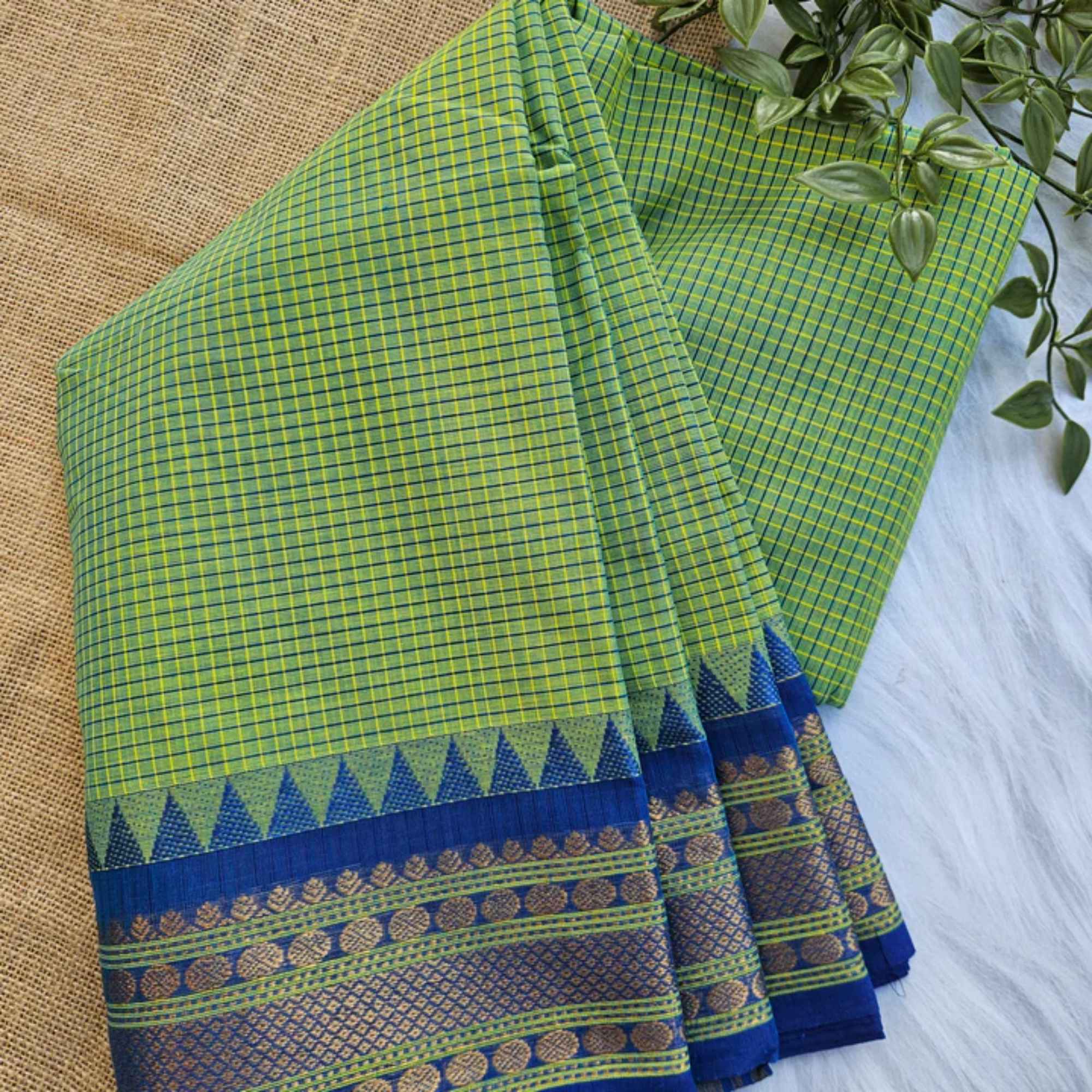JISB Checkered Chettinad Cotton Sarees With Running Blouse