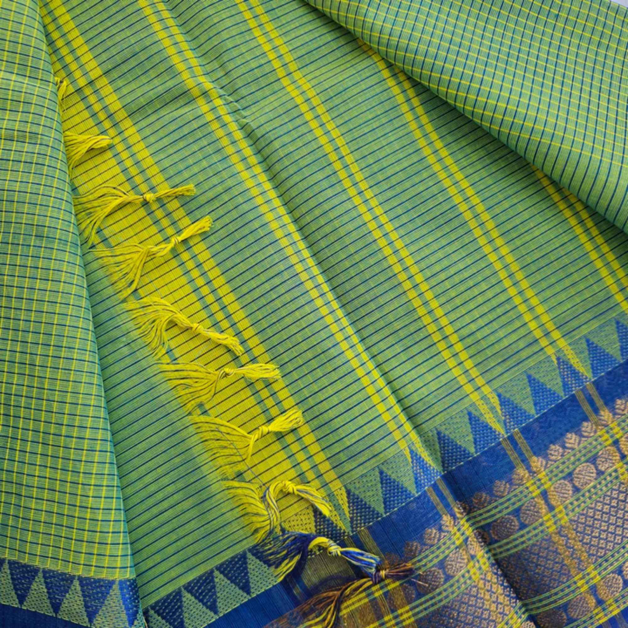 JISB Checkered Chettinad Cotton Sarees With Running Blouse