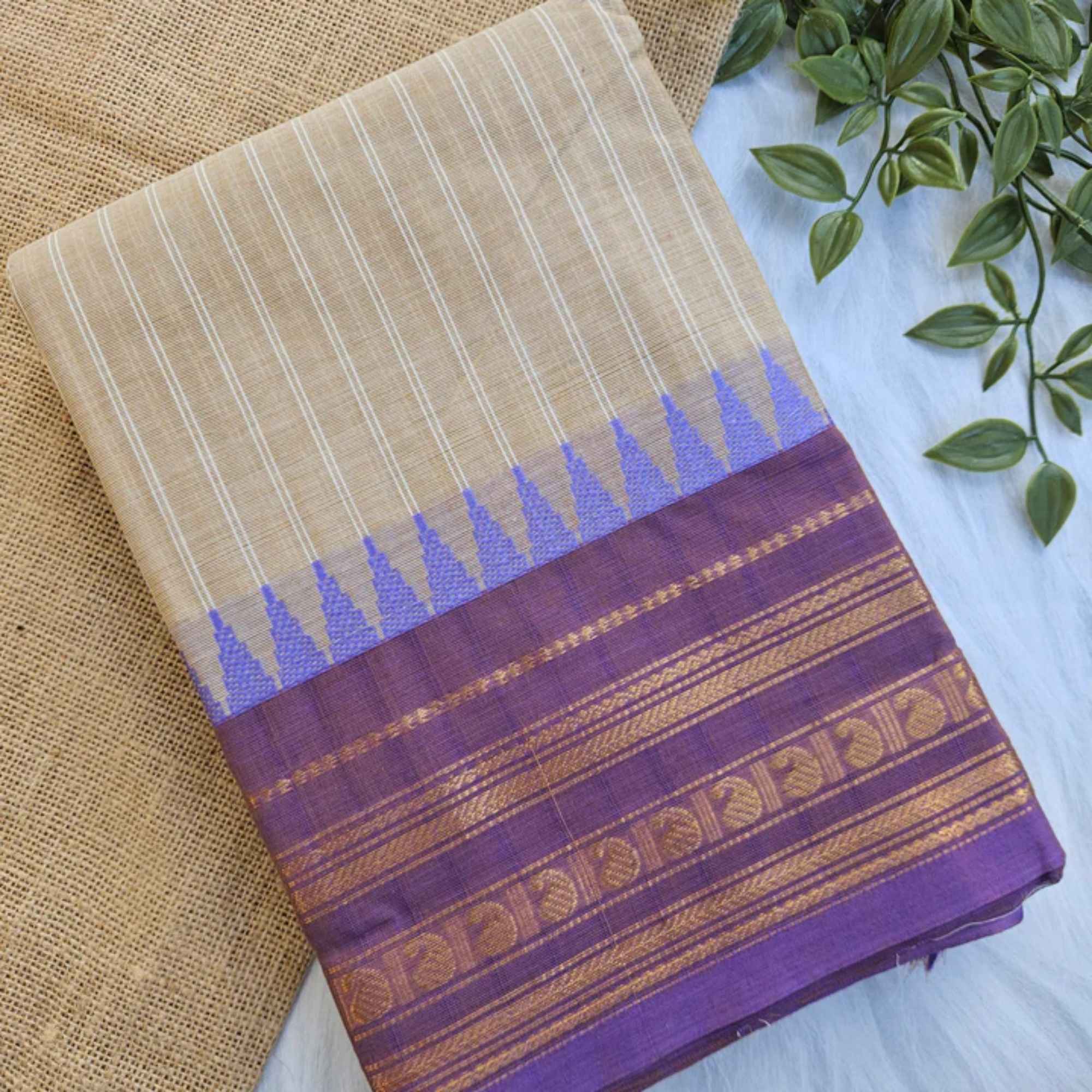 JISB Striped Chettinad Cotton Saree With Running Blouse Material