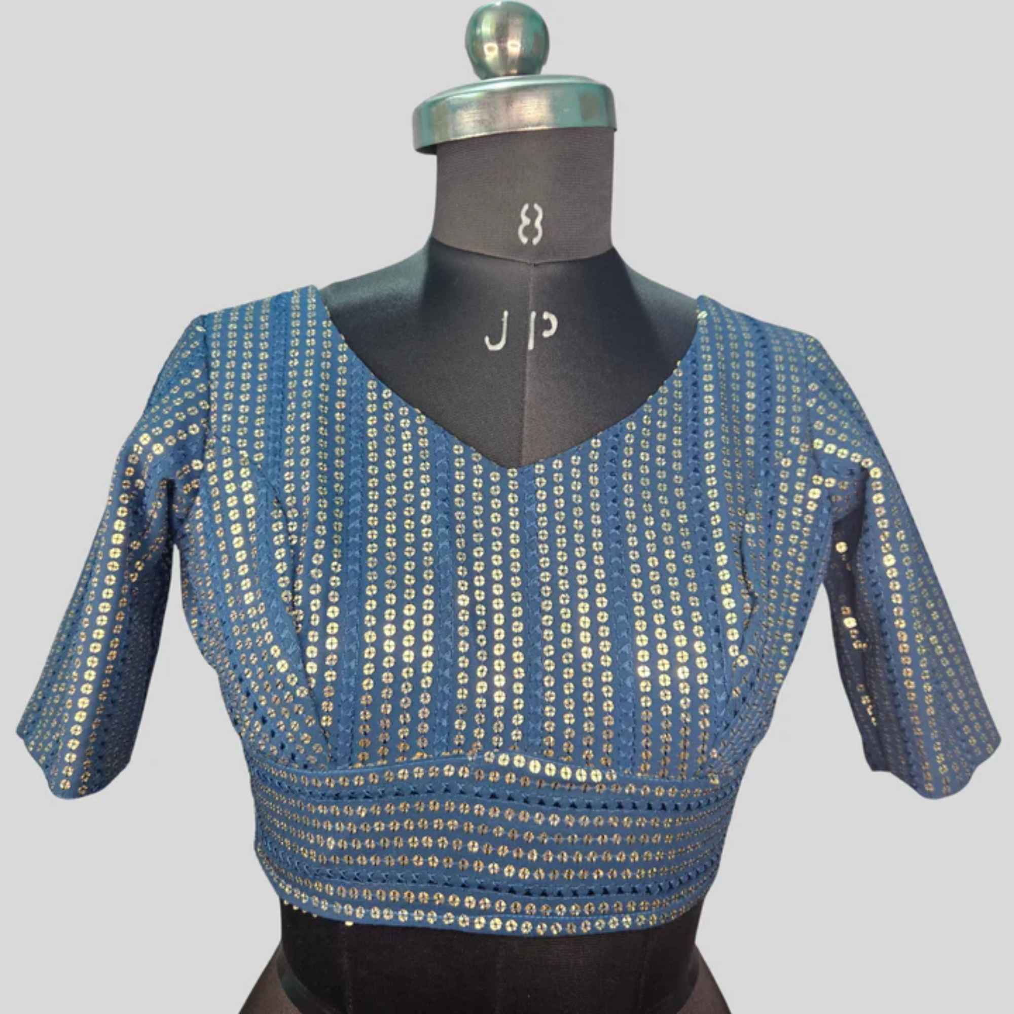 JISB Georgette Sequence Work Back Open Elbow Sleeve Blouse